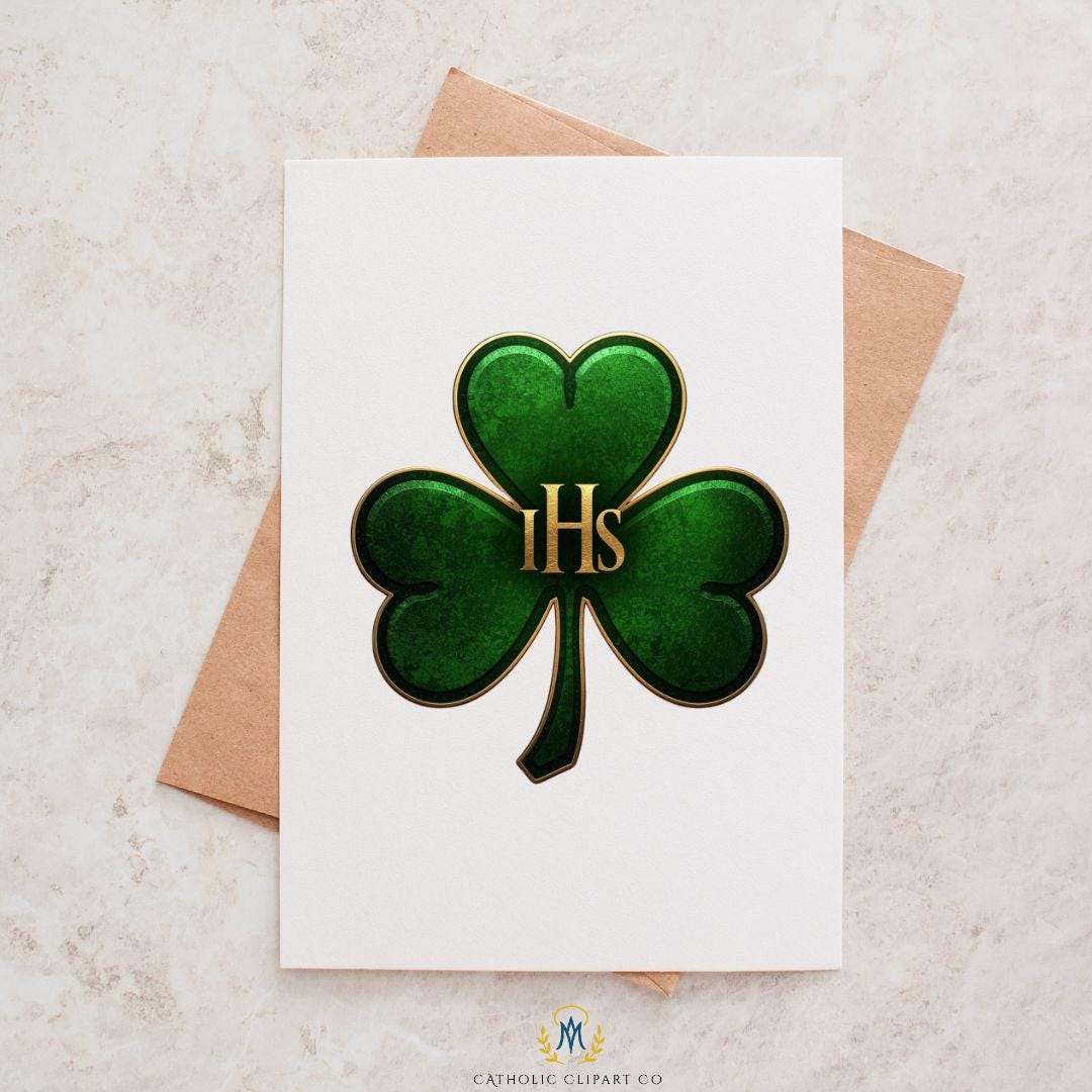 Trinity shamrock clipart with Catholic cross and gold accents | Trébol de la Trinidad con cruz católica y detalles dorados