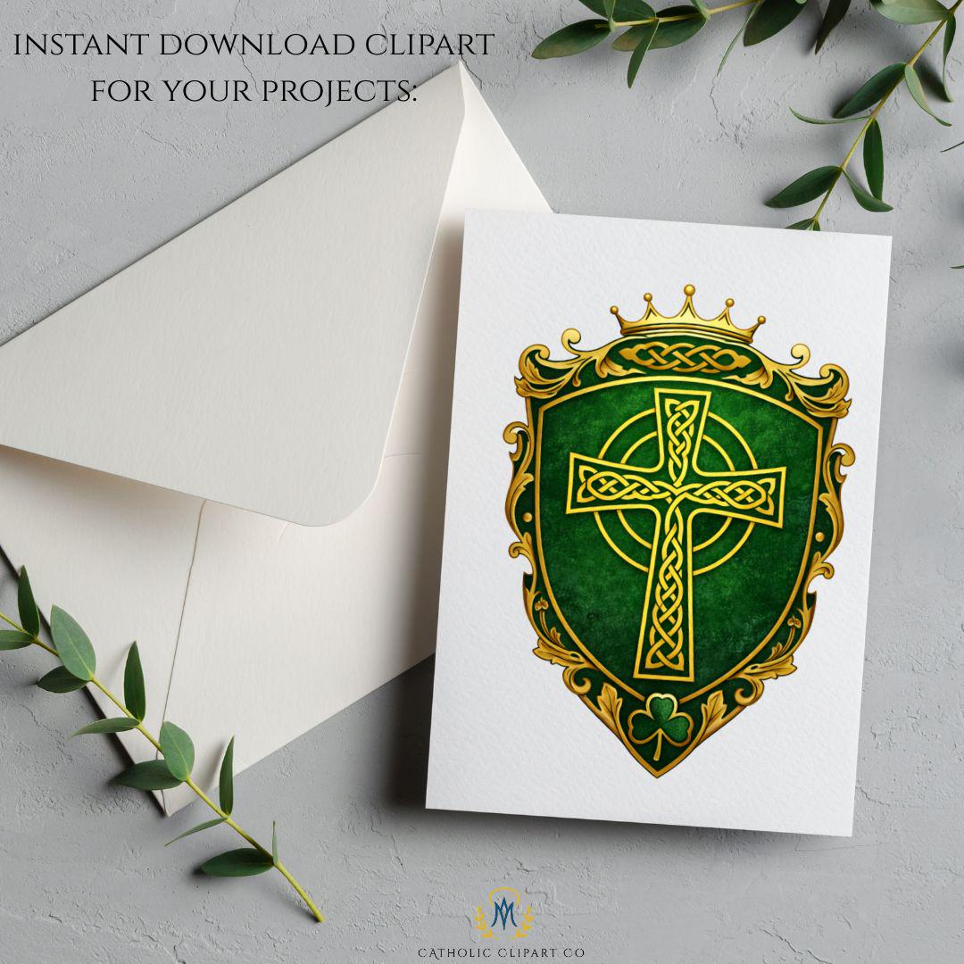 Gold Celtic cross clipart with traditional Irish Christian symbol | Cruz celta dorada clipart con símbolo cristiano irlandés tradicional