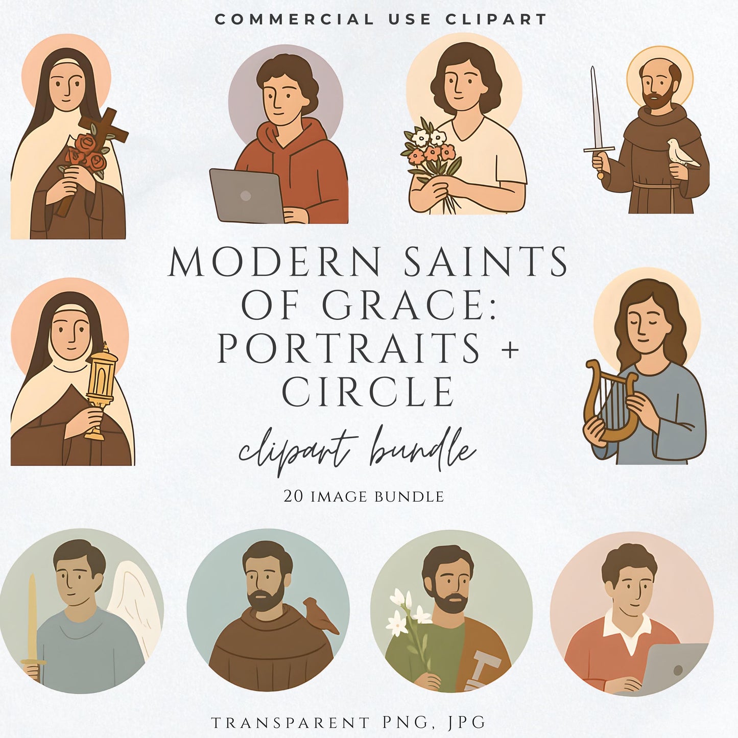 Catholic Saints Clipart Bundle modern saint illustrations PNG set for religious designs | Paquete de clipart de santos católicos ilustraciones modernas de santos PNG