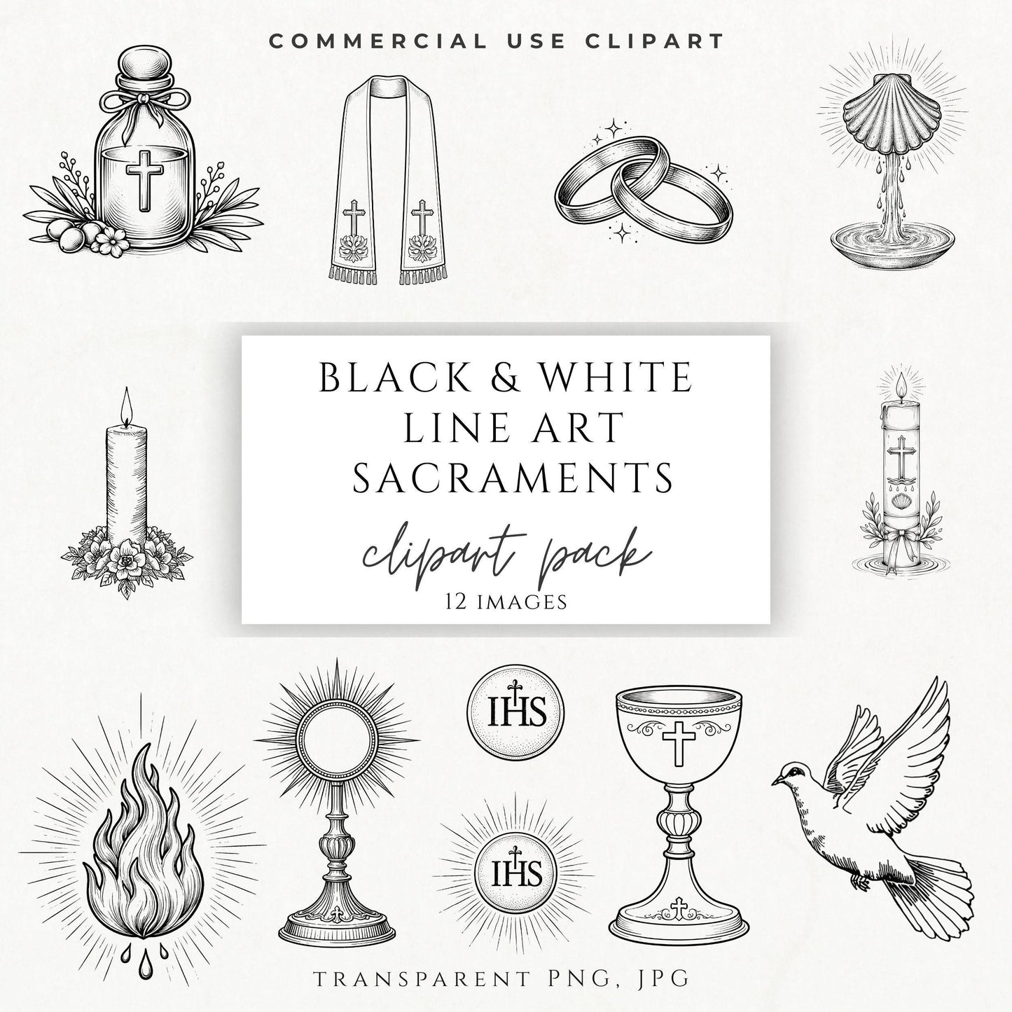 Catholic sacraments clipart black and white line art bundle, religious symbols PNG / Clipart de sacramentos católicos en blanco y negro, símbolos religiosos PNG