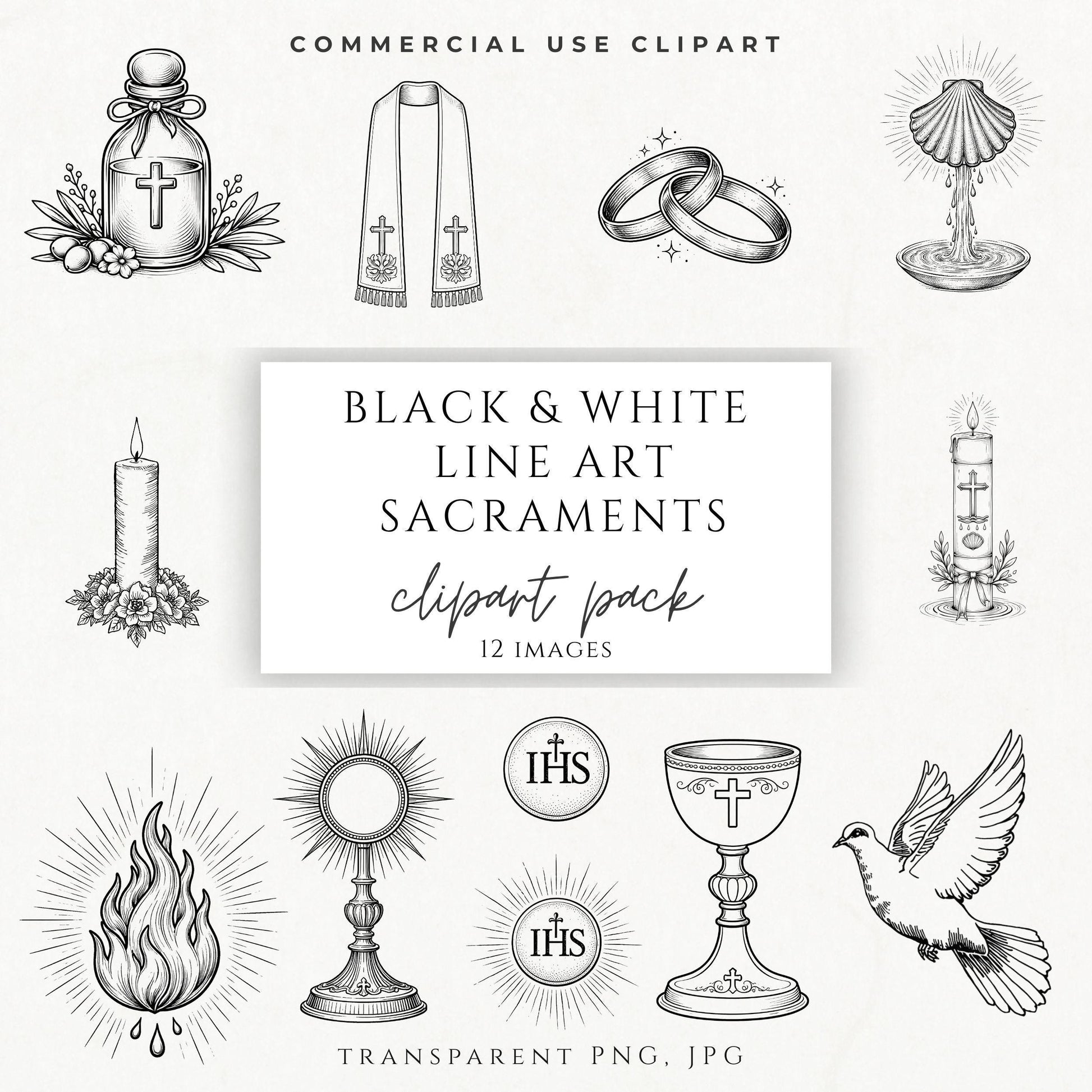 Catholic sacraments clipart black and white line art bundle, religious symbols PNG / Clipart de sacramentos católicos en blanco y negro, símbolos religiosos PNG