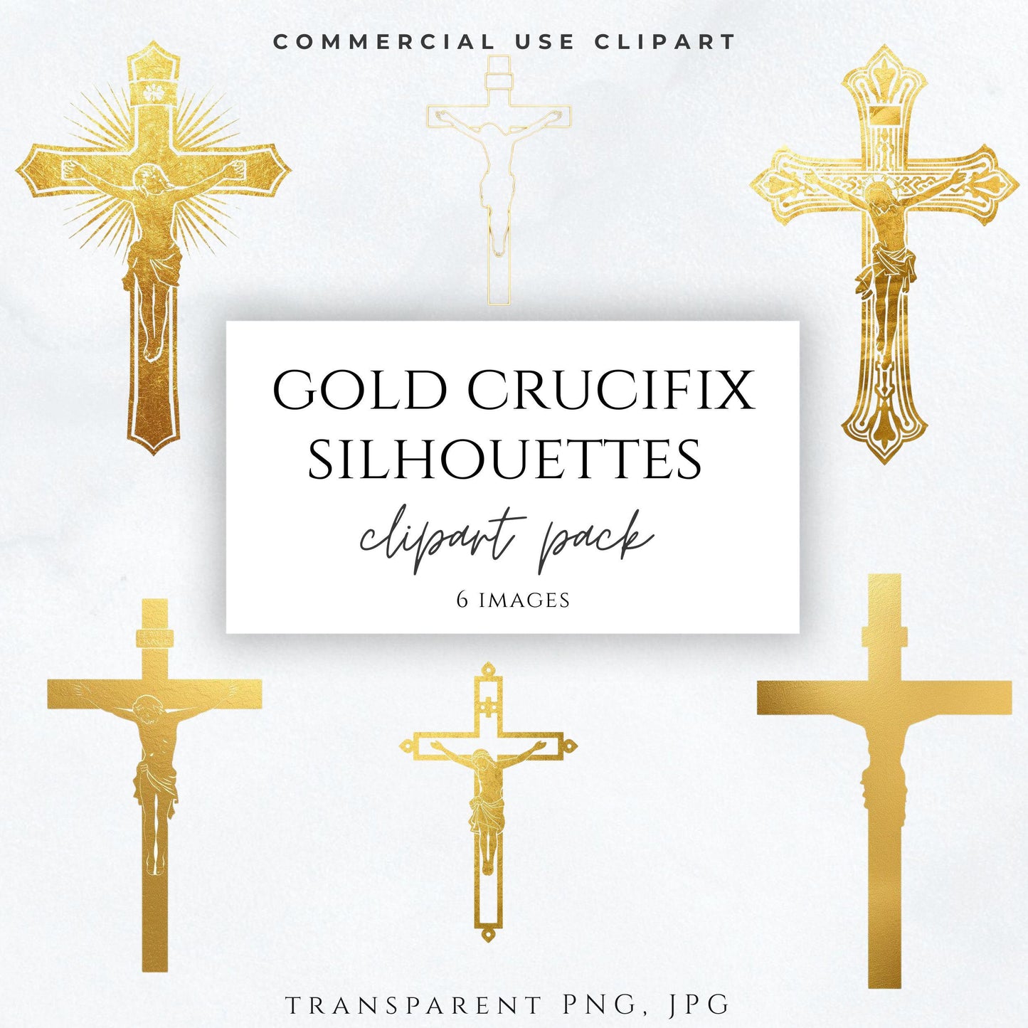 Gold crucifix clipart PNG set with 6 religious cross designs, Catholic cross silhouettes – Clipart de crucifijo dorado PNG con 6 diseños religiosos