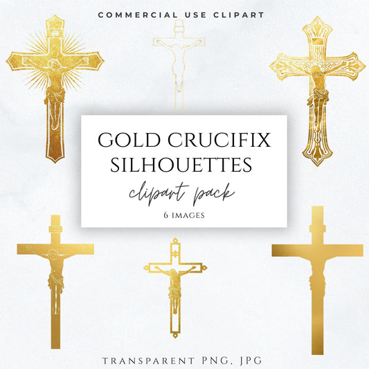 Gold crucifix clipart PNG set with 6 religious cross designs, Catholic cross silhouettes – Clipart de crucifijo dorado PNG con 6 diseños religiosos