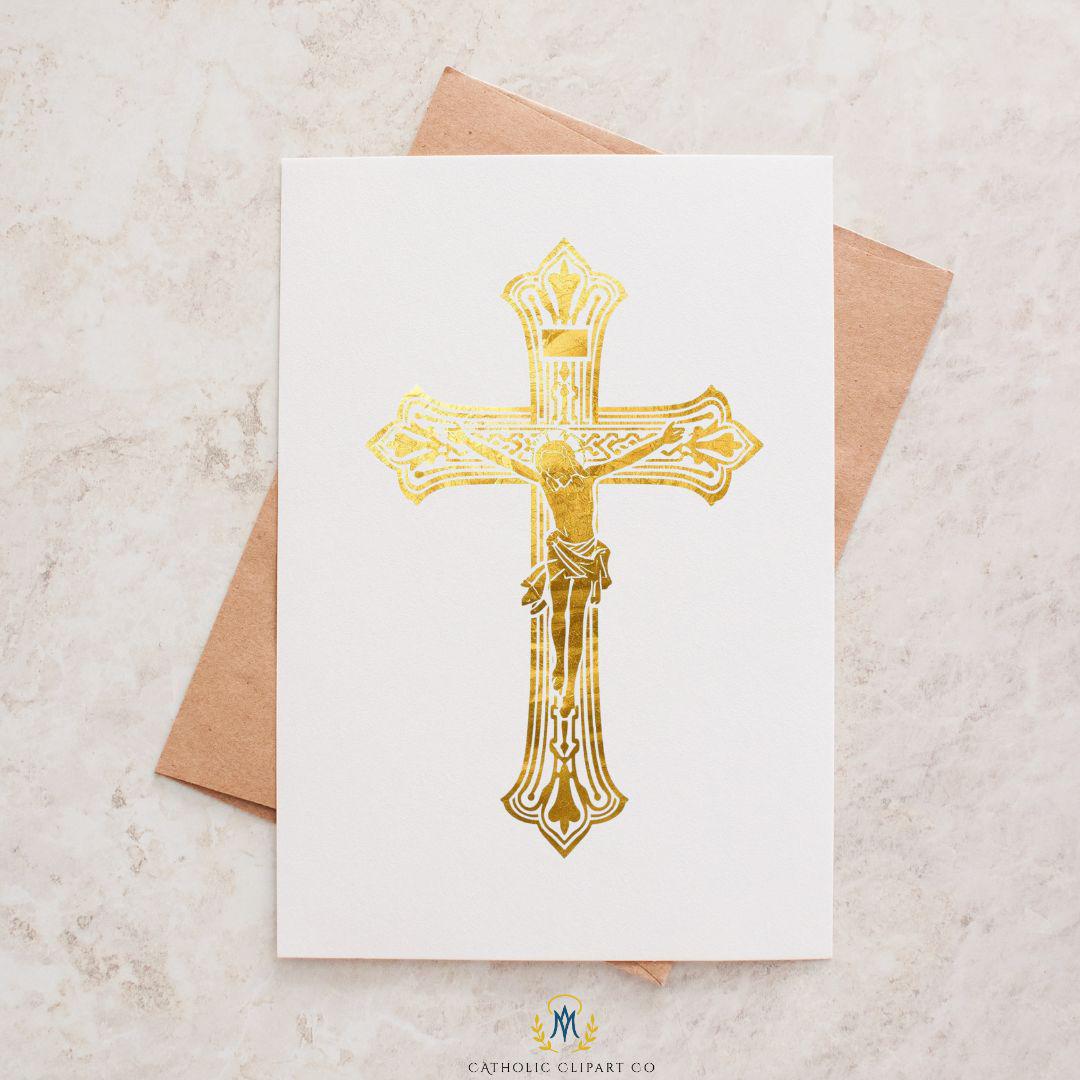 Catholic crucifix clipart set in gold foil style for wedding programs and church use – Clipart de crucifijo católico dorado estilo foil para programas de misa