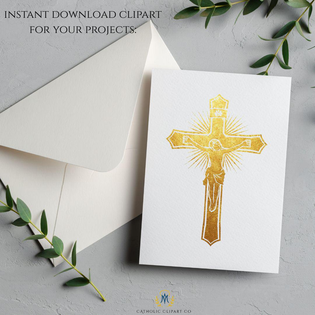Gold cross clipart bundle with Jesus crucifix design, transparent background PNG – Paquete de cruces doradas PNG con fondo transparente