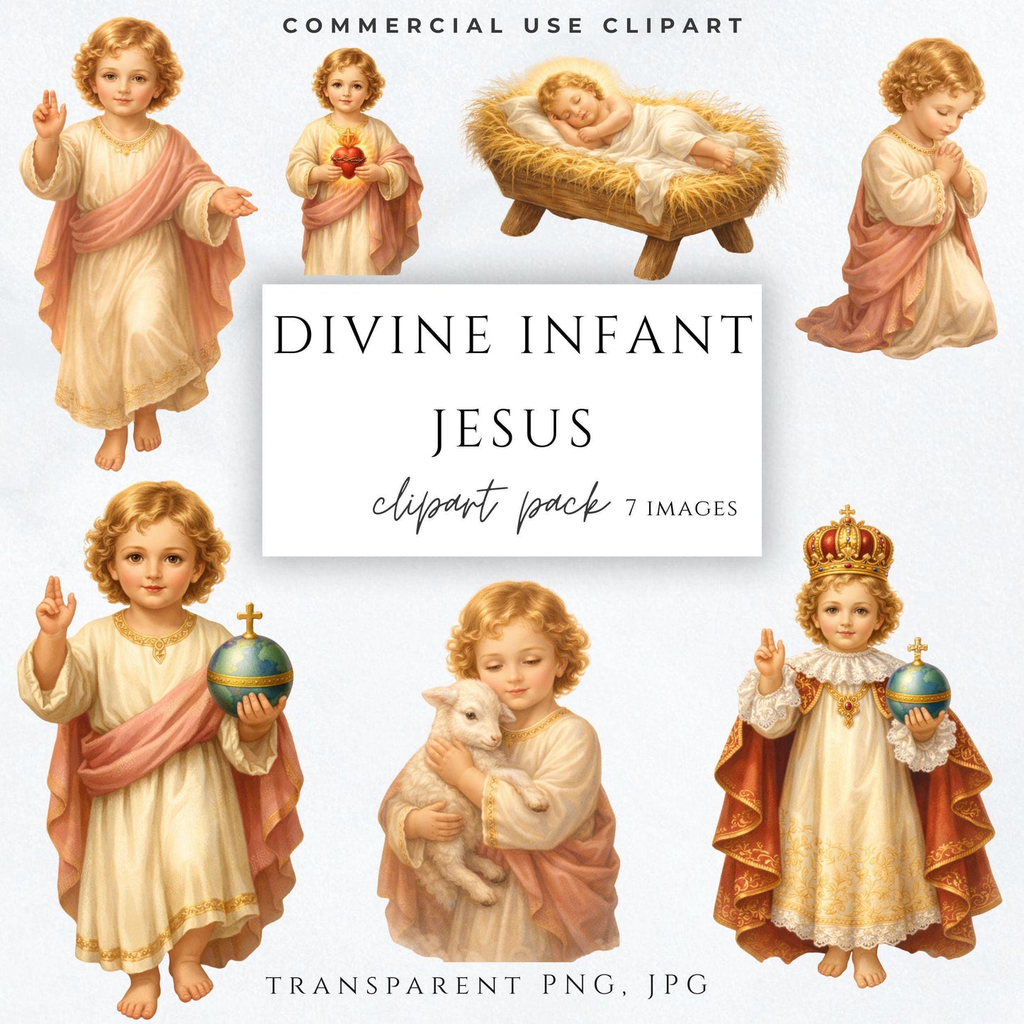 Divine Infant Jesus clipart set, Catholic baby Jesus PNG, soft devotional illustration / Divino Niño Jesús clipart, ilustración católica del Niño Jesús