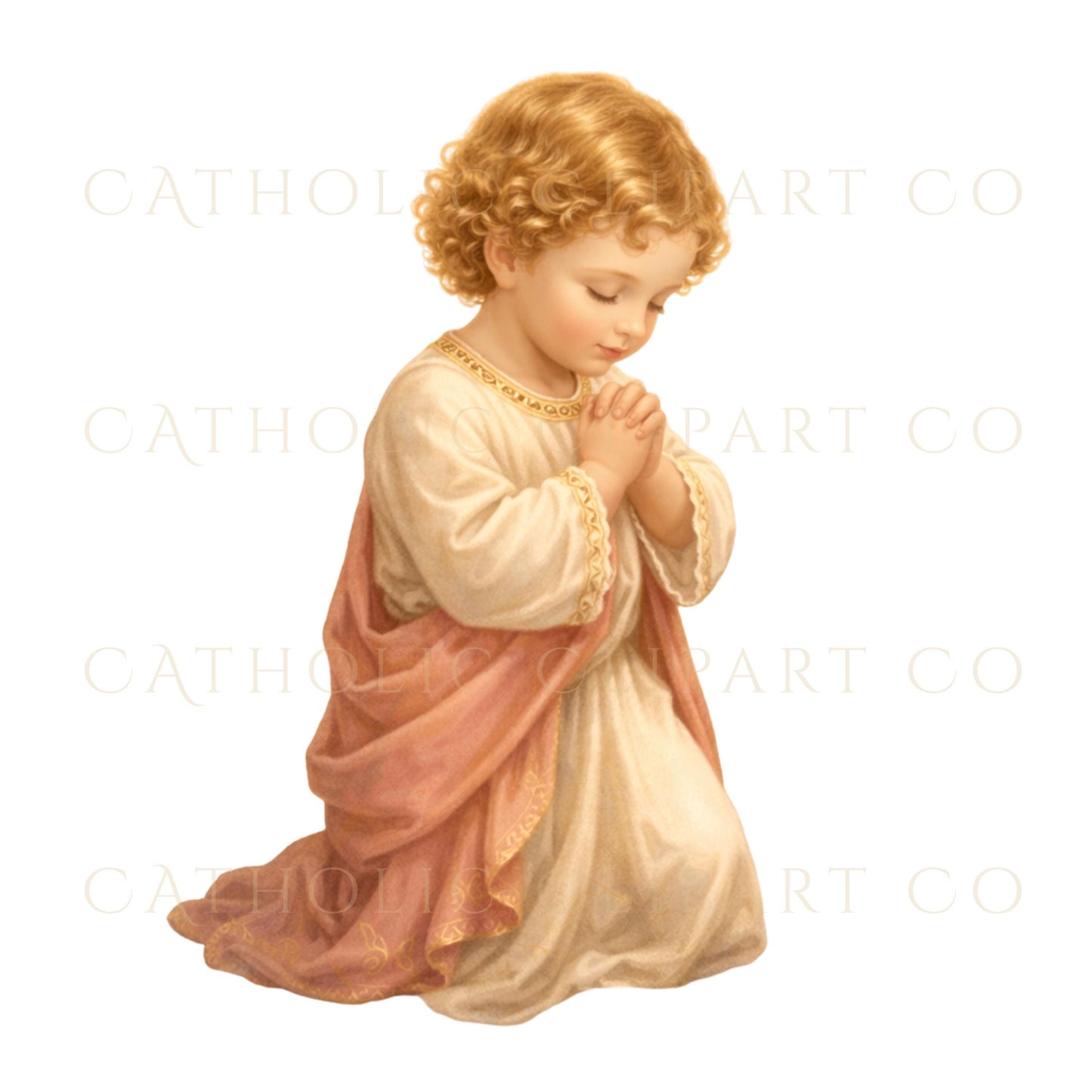 Infant Jesus praying clipart, soft religious illustration for nursery or baptism / Niño Jesús rezando clipart, ilustración religiosa suave para bautizo