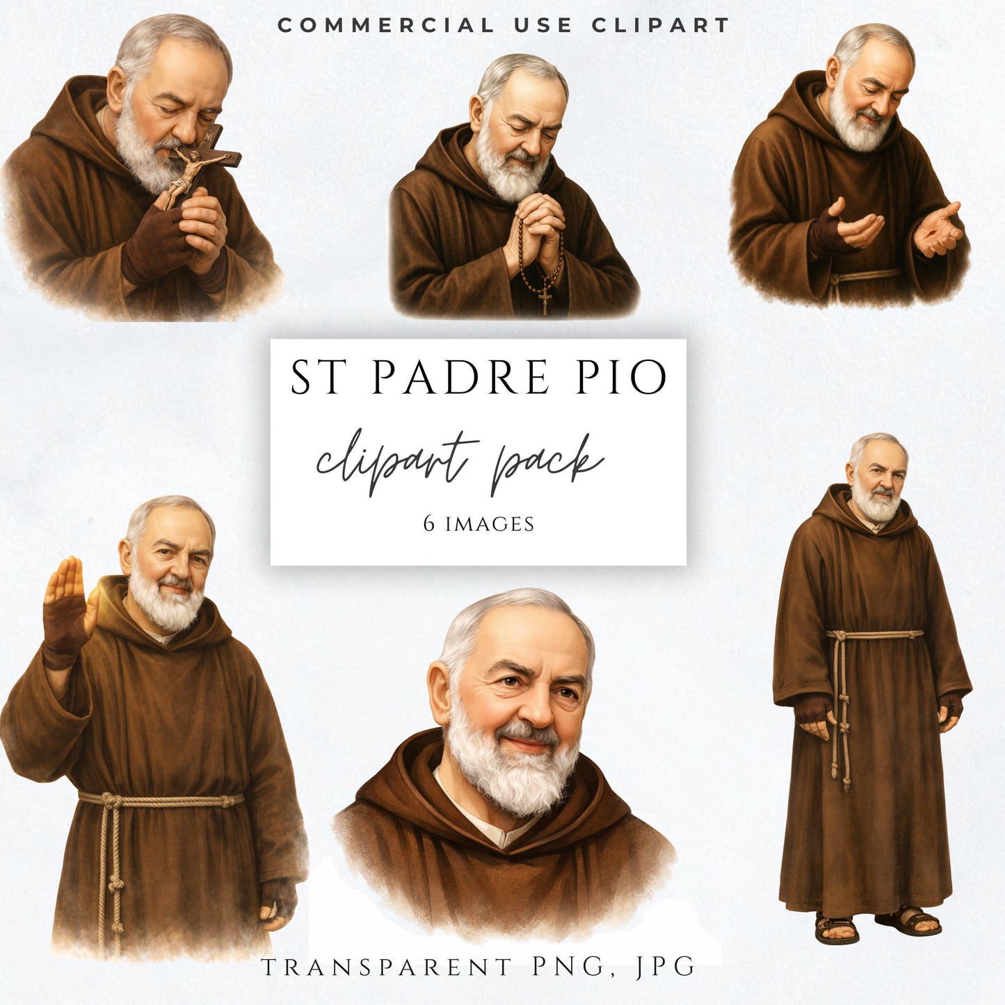 Saint Padre Pio praying with crucifix watercolor Catholic clipart PNG, San Padre Pío rezando con crucifijo clipart católico acuarela PNG
