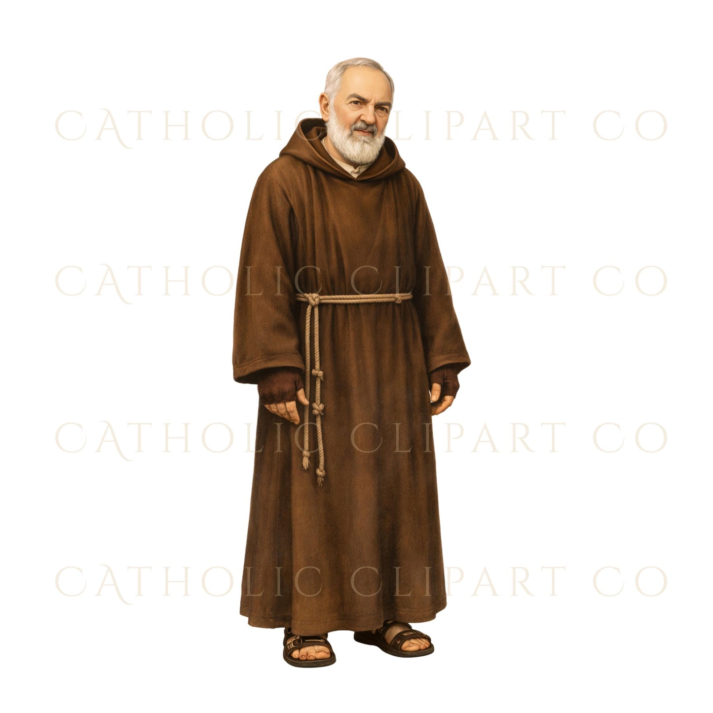 Catholic saint watercolor portrait of Padre Pio with brown robe, Retrato acuarela de santo católico Padre Pío con hábito marrón