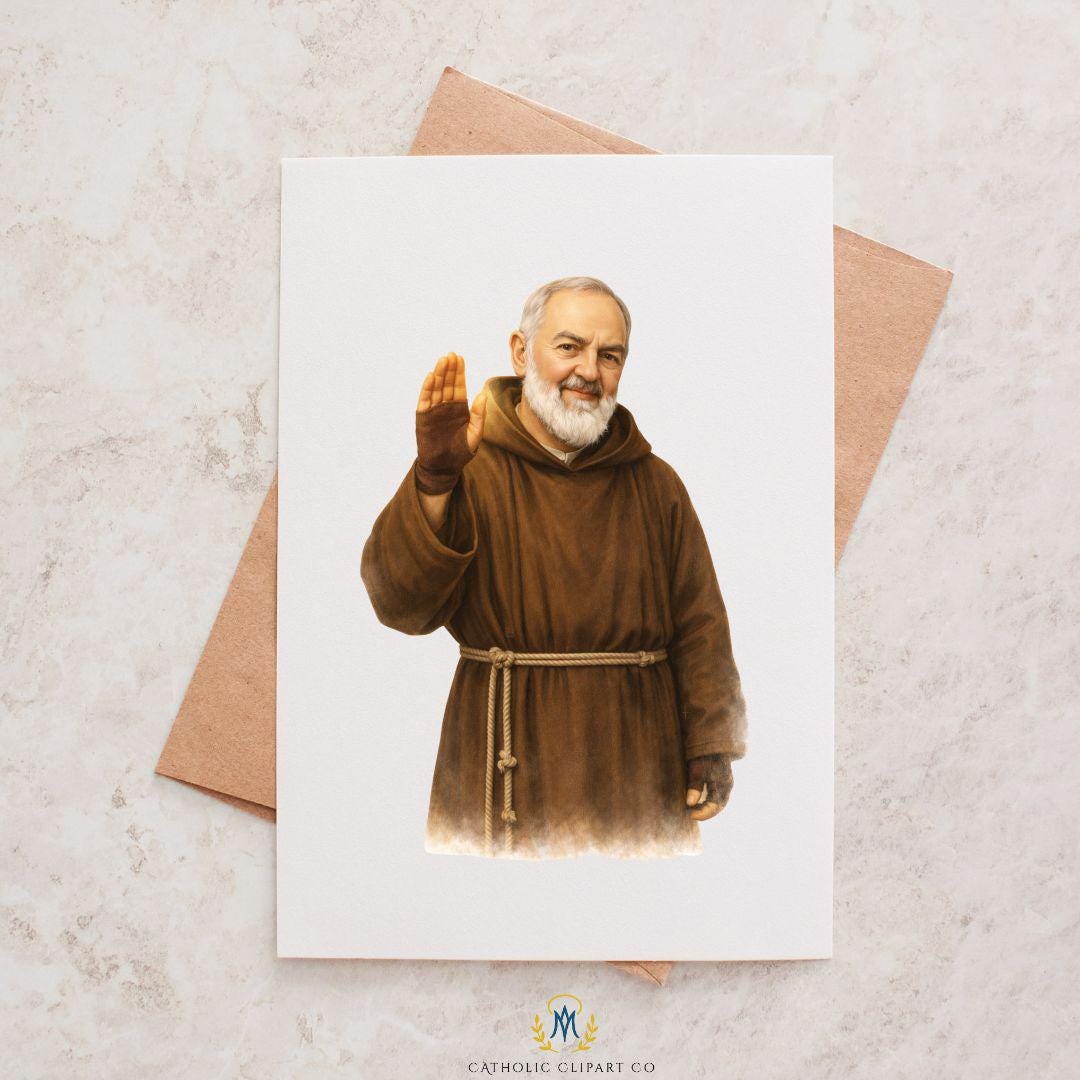 Saint Padre Pio with open hands prayer pose Catholic saint clipart, San Padre Pío con manos abiertas clipart religioso católico