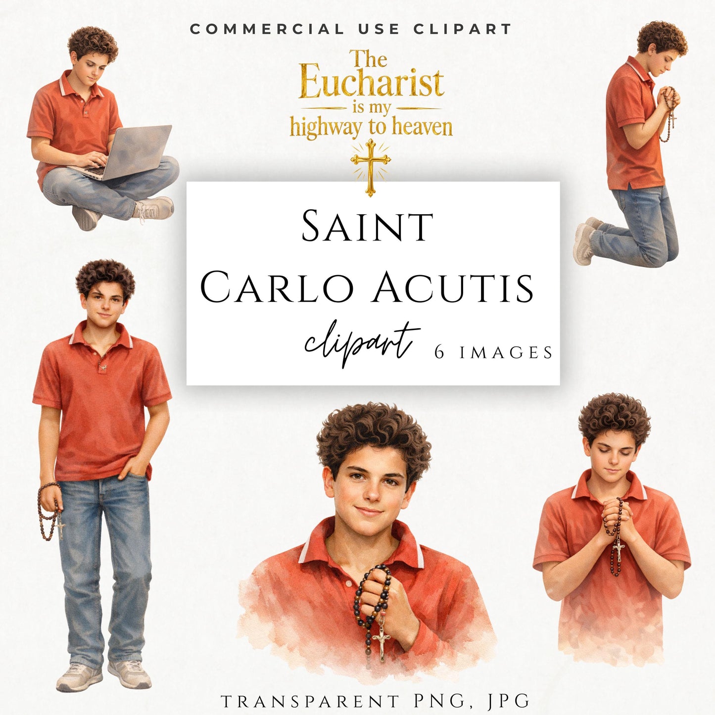 Saint Carlo Acutis clipart bundle with six watercolor Catholic saint illustrations / Paquete de clipart de San Carlo Acutis con seis ilustraciones católicas en acuarela