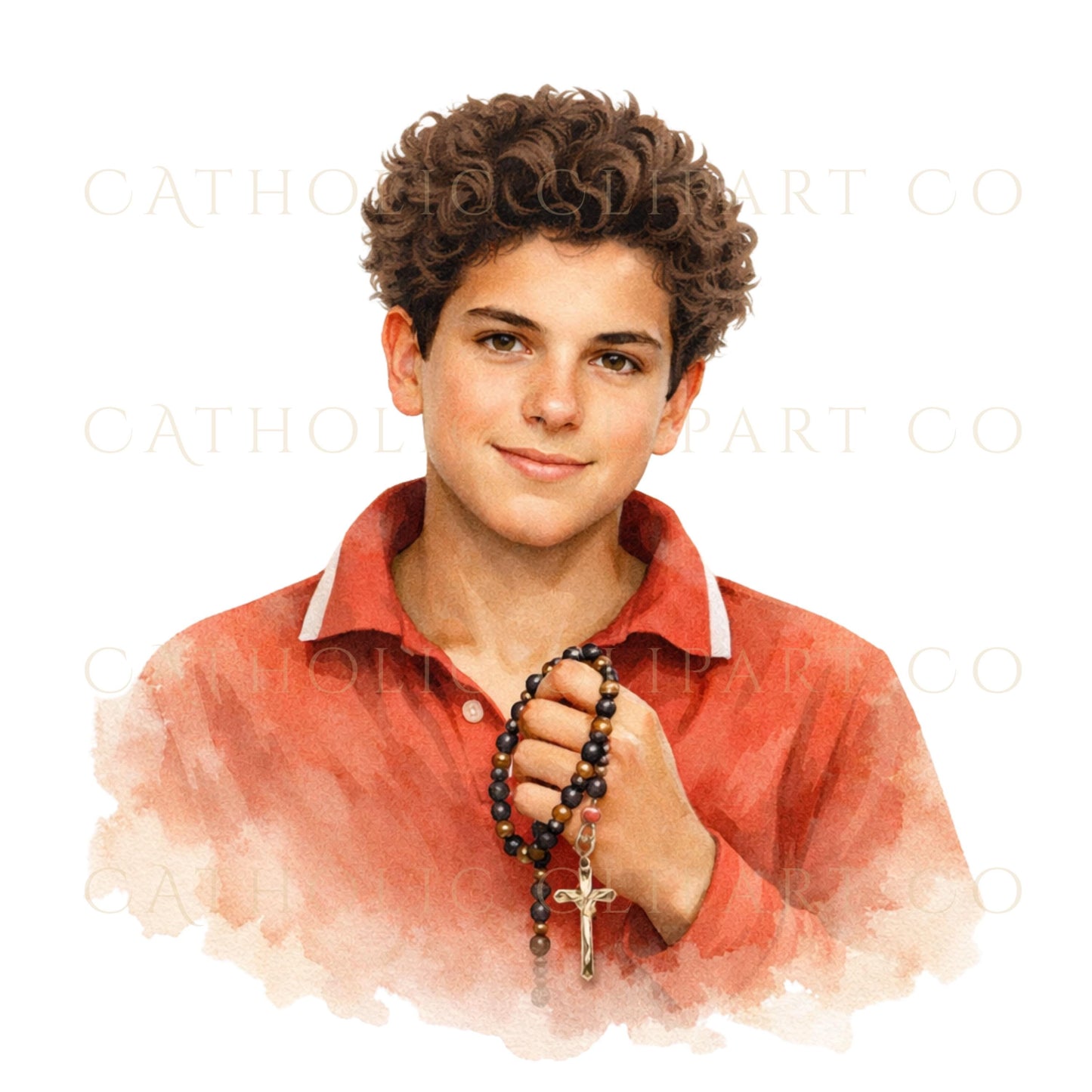 Carlo Acutis clipart using laptop inspired by Eucharistic devotion and technology / Clipart de Carlo Acutis usando computadora inspirado en la Eucaristía y la tecnología