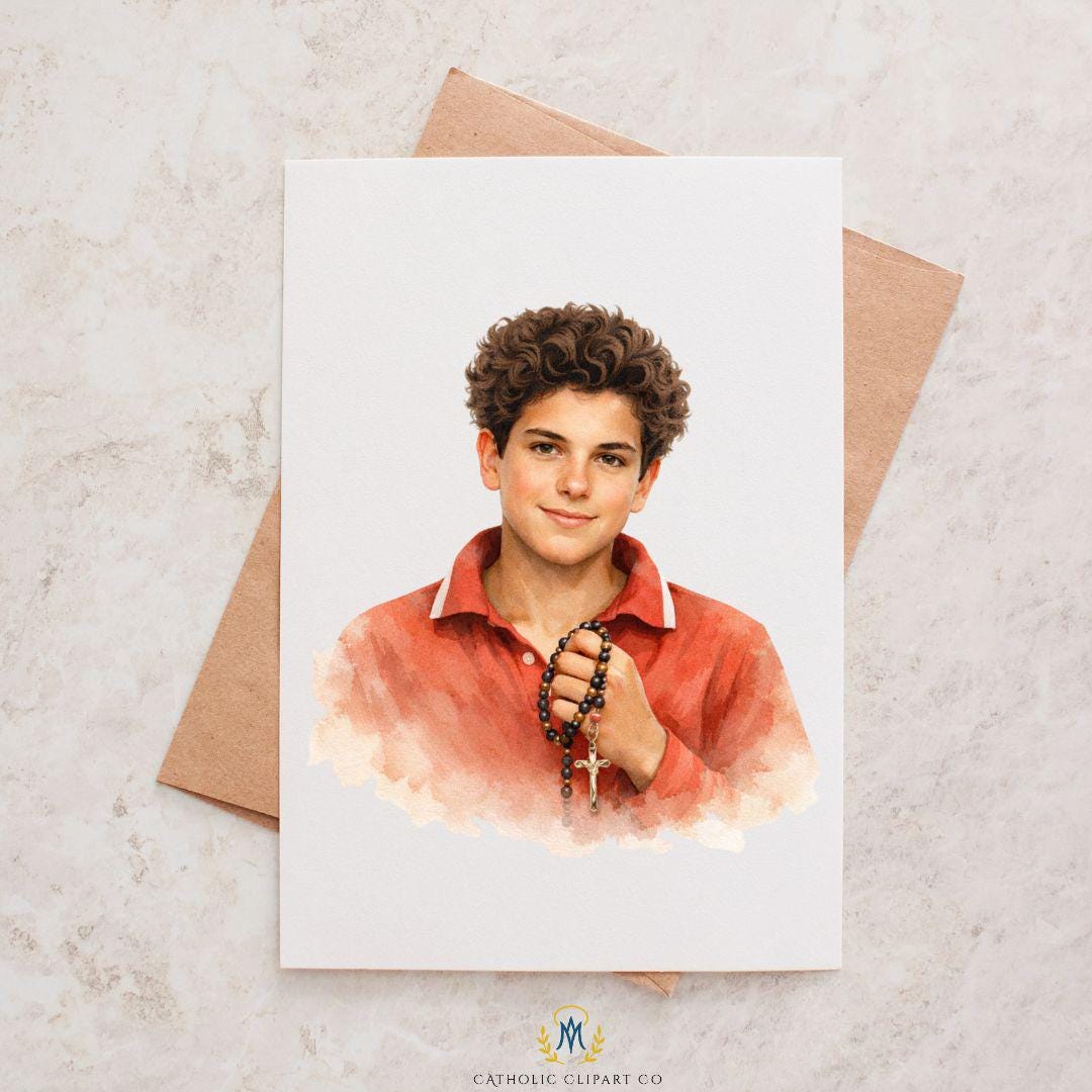 Saint Carlo Acutis praying with rosary watercolor illustration / Ilustración en acuarela de San Carlo Acutis rezando con rosario