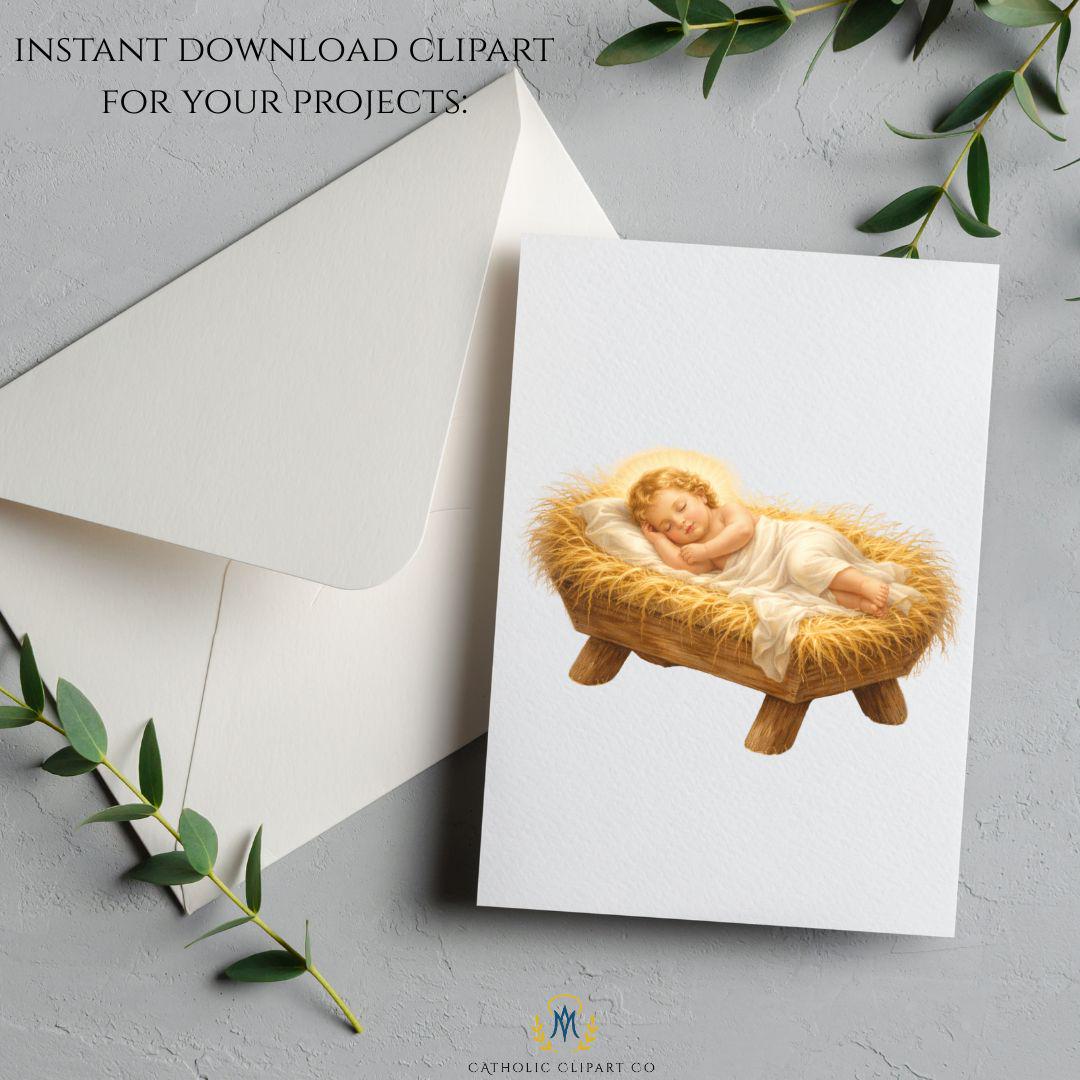 Religious nursery clipart baby Jesus, soft Catholic art for baby room decor / Clipart religioso para cuarto de bebé con Niño Jesús, decoración católica