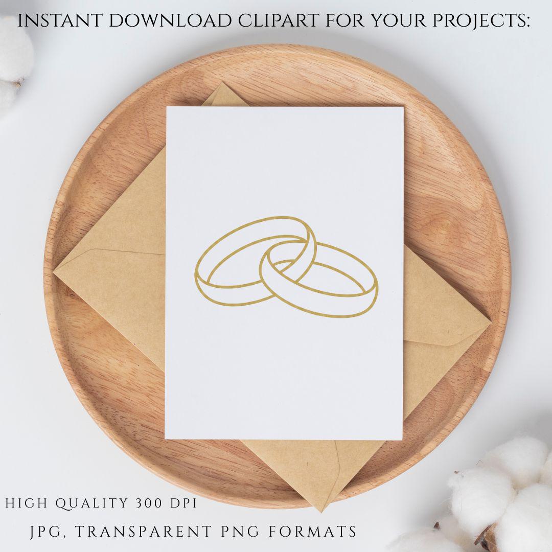 Minimalist wedding bands clipart in elegant gold line art style | Clipart minimalista de alianzas de boda en estilo elegante de líneas doradas