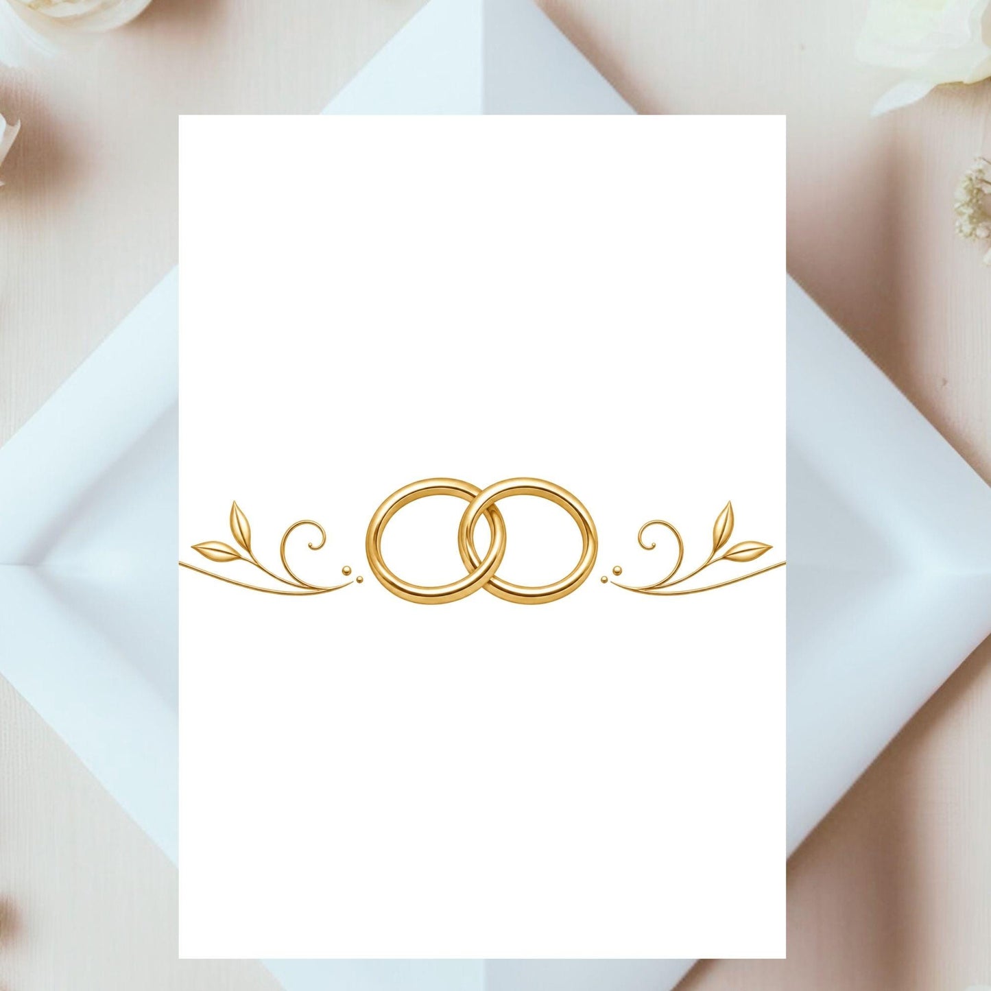 Vertical wedding rings emblem clipart with ornamental gold flourishes / Clipart vertical de anillos de boda con adornos dorados elegantes