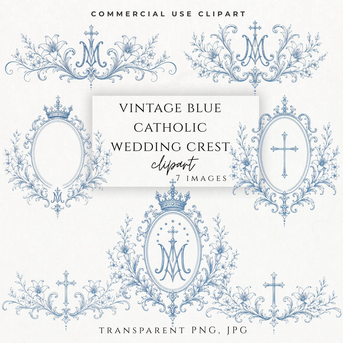 Vintage blue Marian wedding crest clipart on elegant stationery mockup / Clipart de escudo mariano azul vintage en maqueta elegante de papelería
