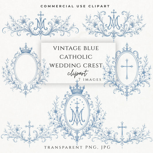 Vintage blue Marian wedding crest clipart on elegant stationery mockup / Clipart de escudo mariano azul vintage en maqueta elegante de papelería