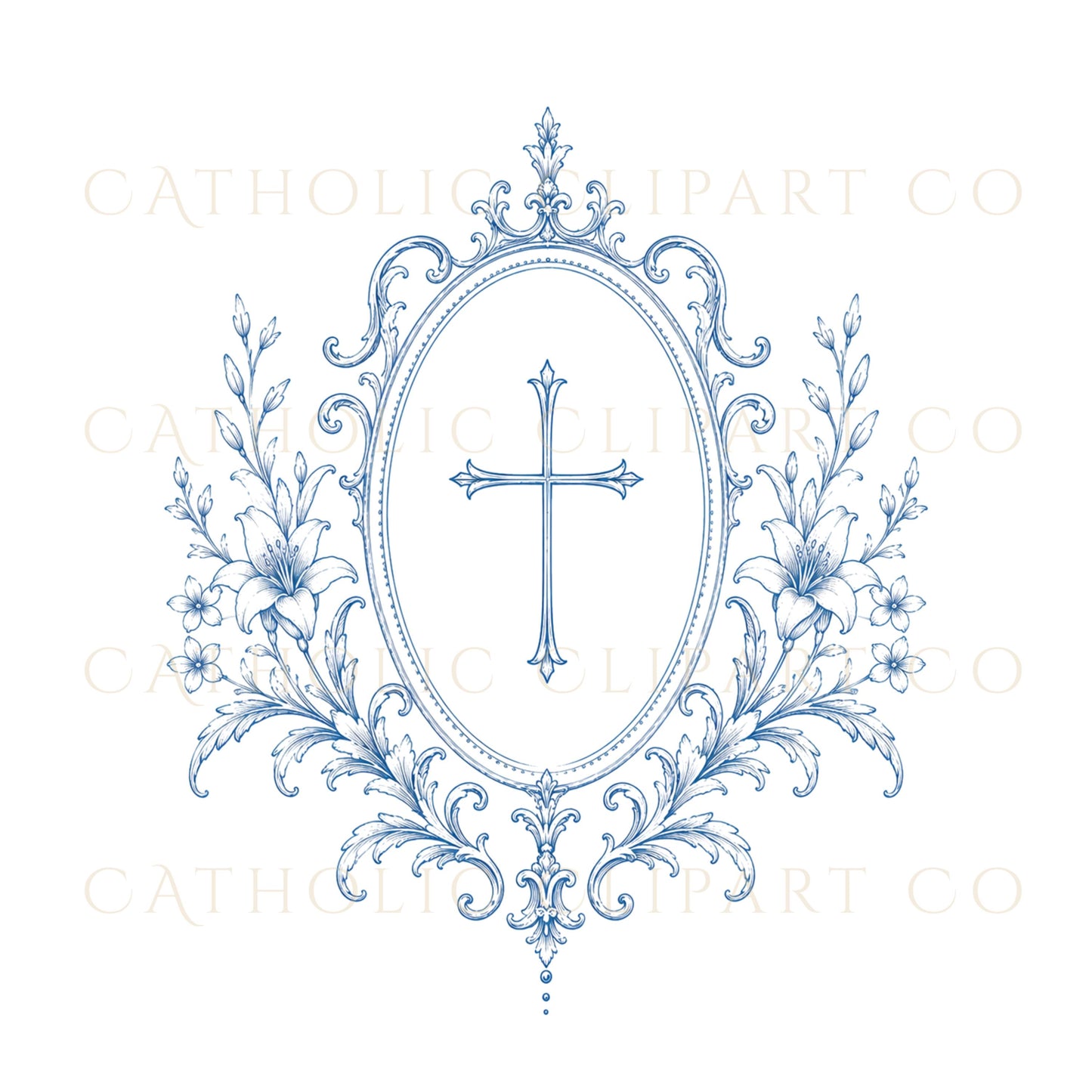 Elegant Catholic wedding crest with European engraving style / Elegante escudo de boda católica con estilo de grabado europeo