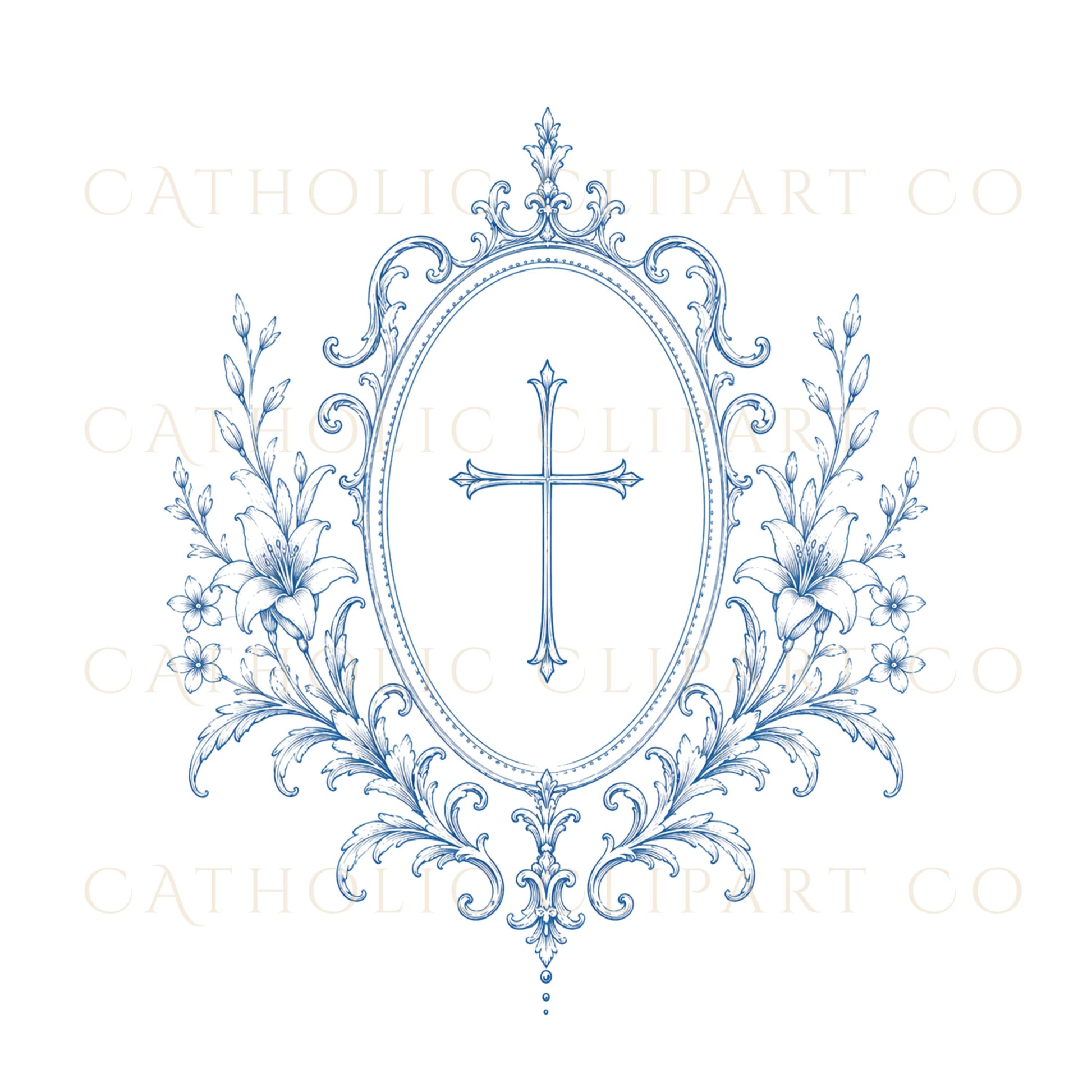 Elegant Catholic wedding crest with European engraving style / Elegante escudo de boda católica con estilo de grabado europeo