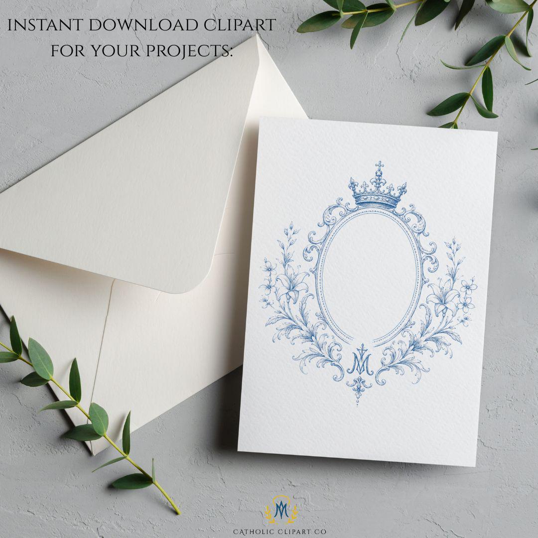 Luxury Catholic wedding crest PNG with blue floral flourishes / Escudo de boda católica de lujo PNG con adornos florales azules