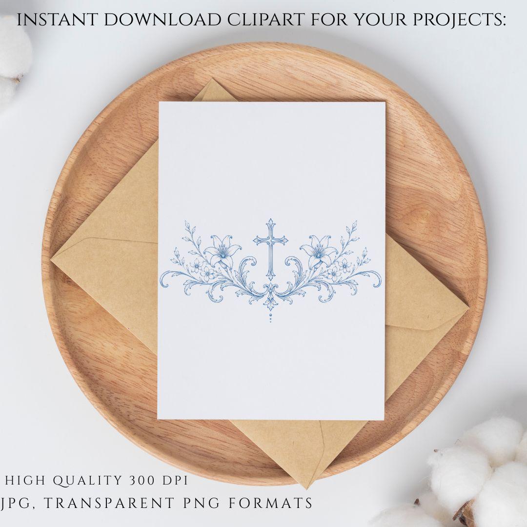 Vintage blue Catholic crest clipart with luxury engraving aesthetic / Clipart de escudo católico azul vintage con estética de grabado de lujo