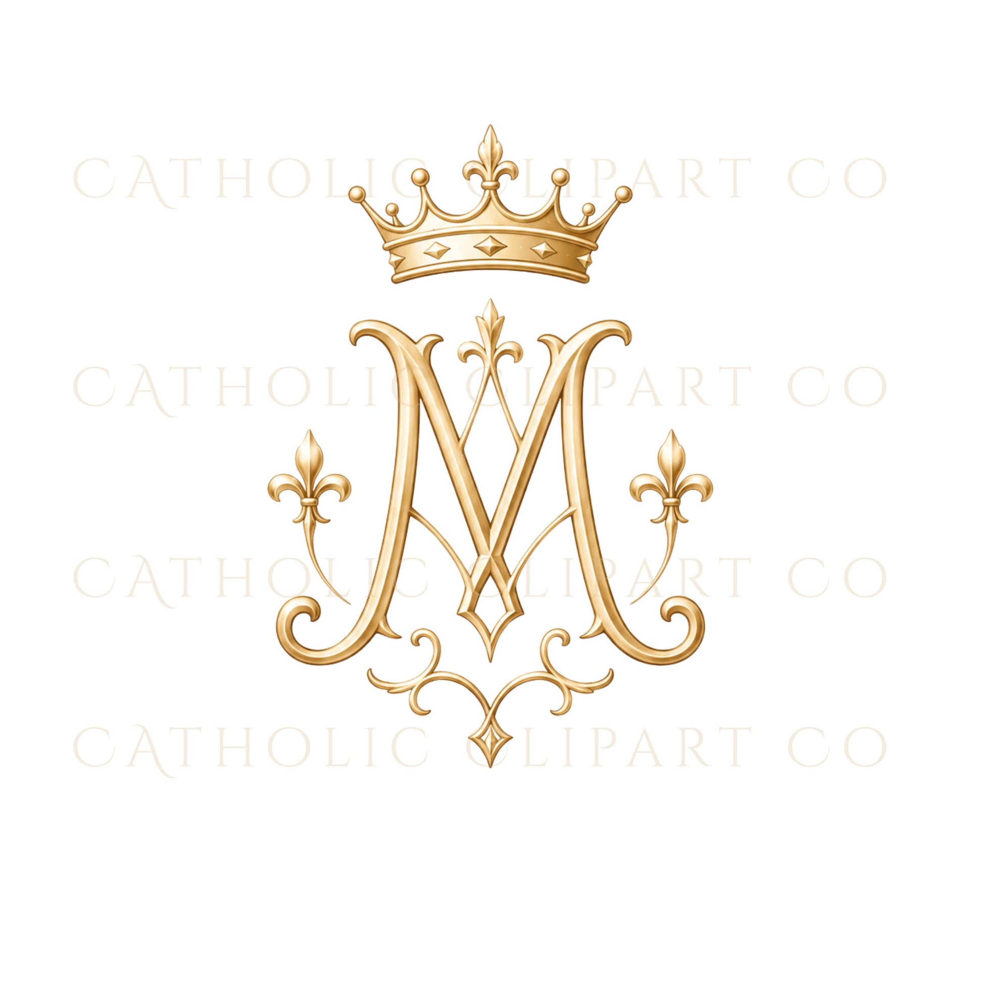 Luxury Marian monogram symbol clipart in blue and gold / Símbolo de monograma mariano elegante en azul y dorado