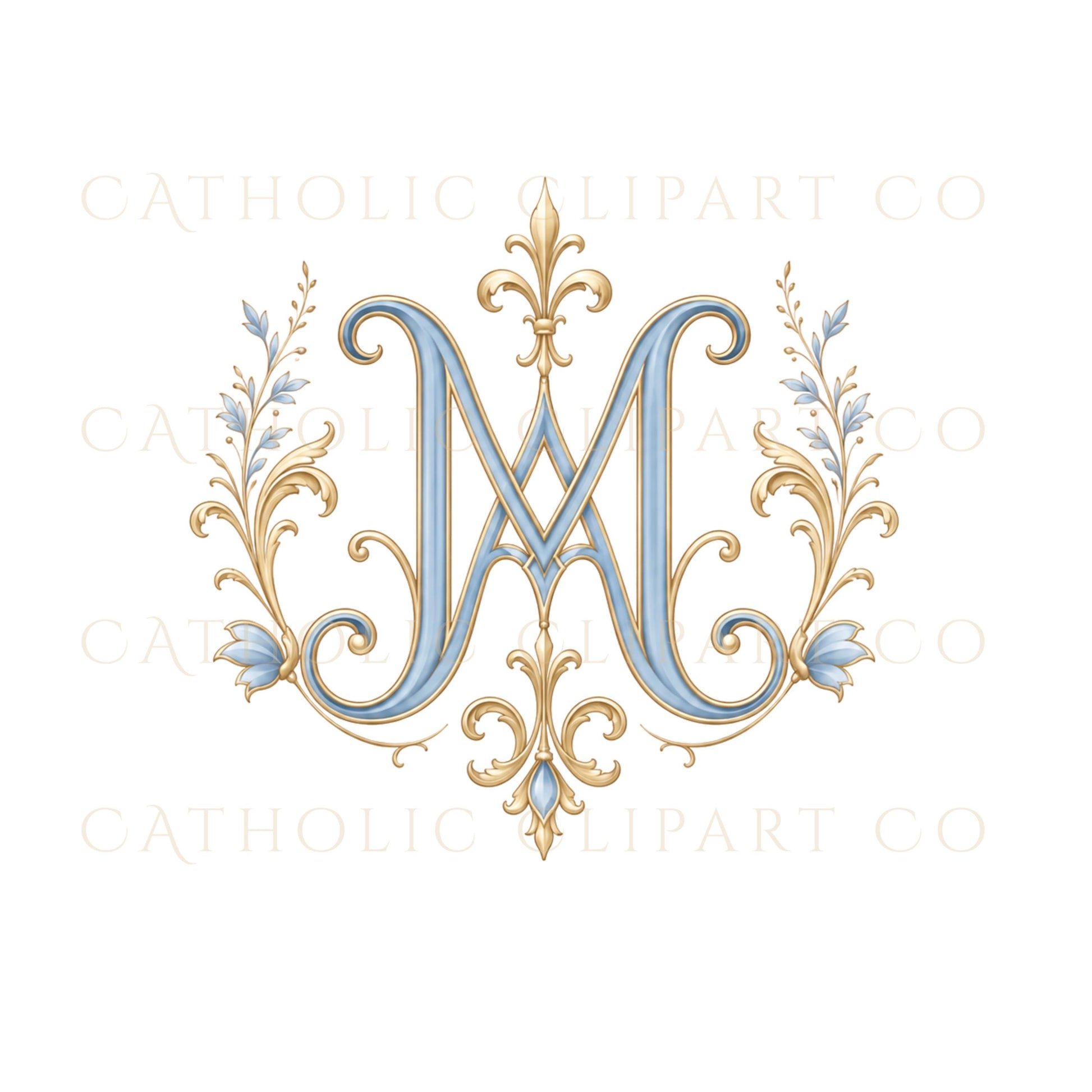 Elegant Catholic wedding emblem clipart with Marian symbolism / Emblema elegante para boda católica con simbolismo mariano