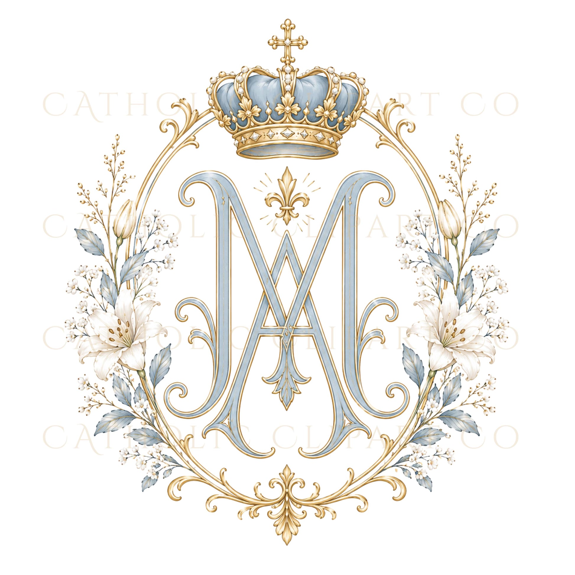 Luxury Marian crest frame clipart for Catholic wedding branding / Marco de escudo mariano de lujo para branding de boda católica
