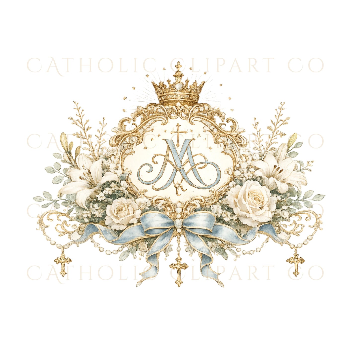 Catholic wedding design kit clipart with Marian monograms / Kit de diseño para boda católica con monogramas marianos