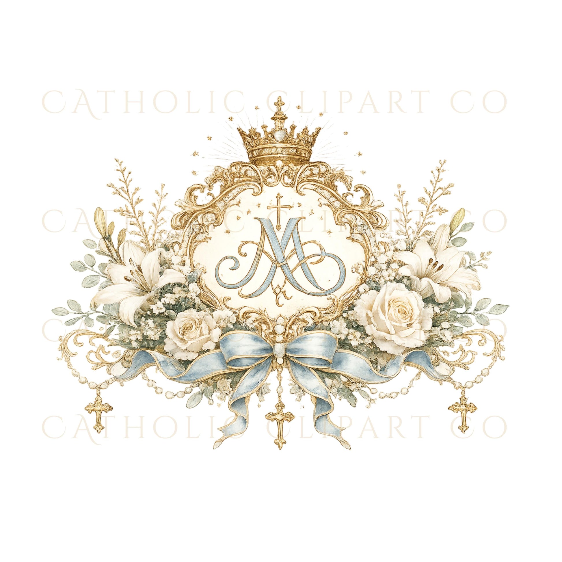 Catholic wedding design kit clipart with Marian monograms / Kit de diseño para boda católica con monogramas marianos
