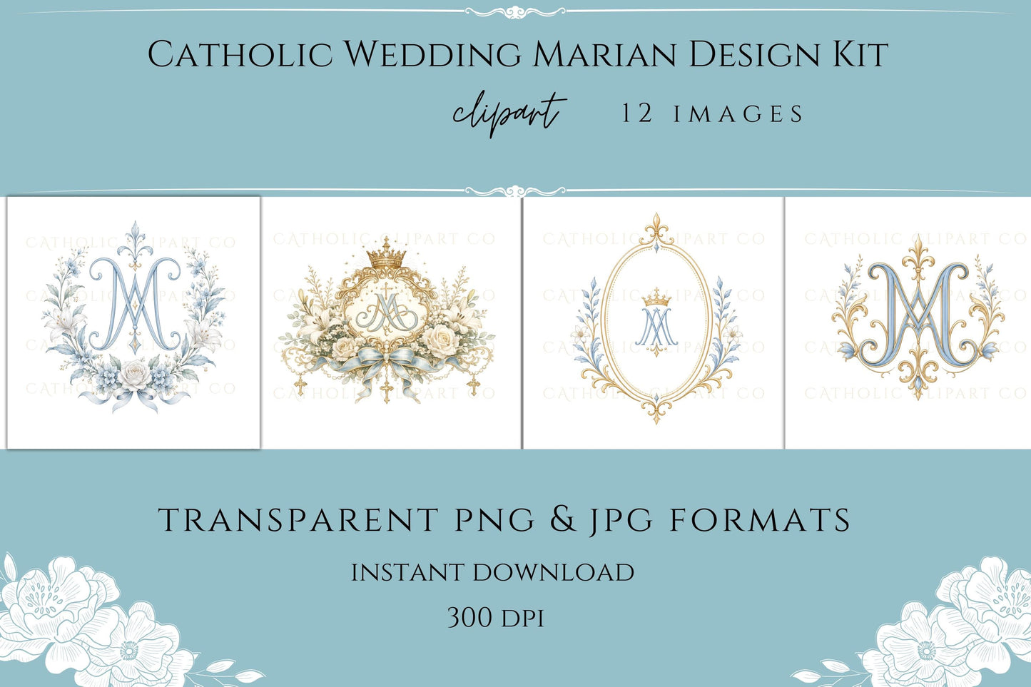 Blue Marian ribbon bow clipart with gold details for wedding invitations / Moño mariano azul con detalles dorados para invitaciones de boda