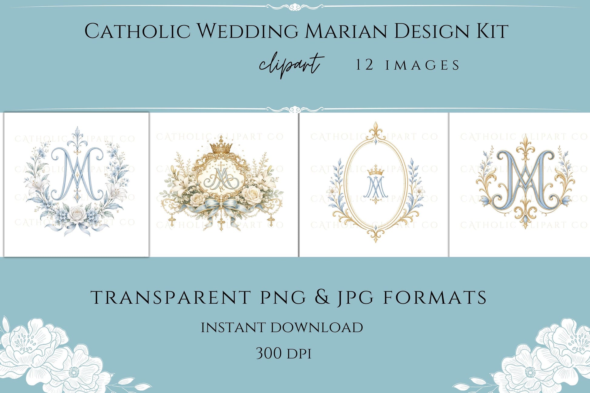 Blue Marian ribbon bow clipart with gold details for wedding invitations / Moño mariano azul con detalles dorados para invitaciones de boda