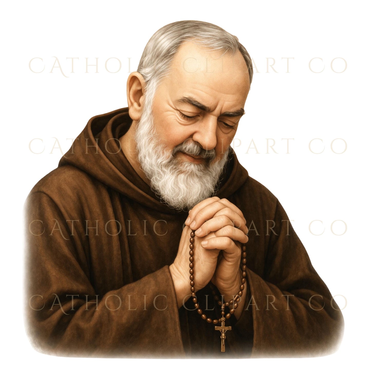 Close portrait of Saint Padre Pio watercolor religious clipart PNG, Retrato de San Padre Pío clipart religioso acuarela PNG