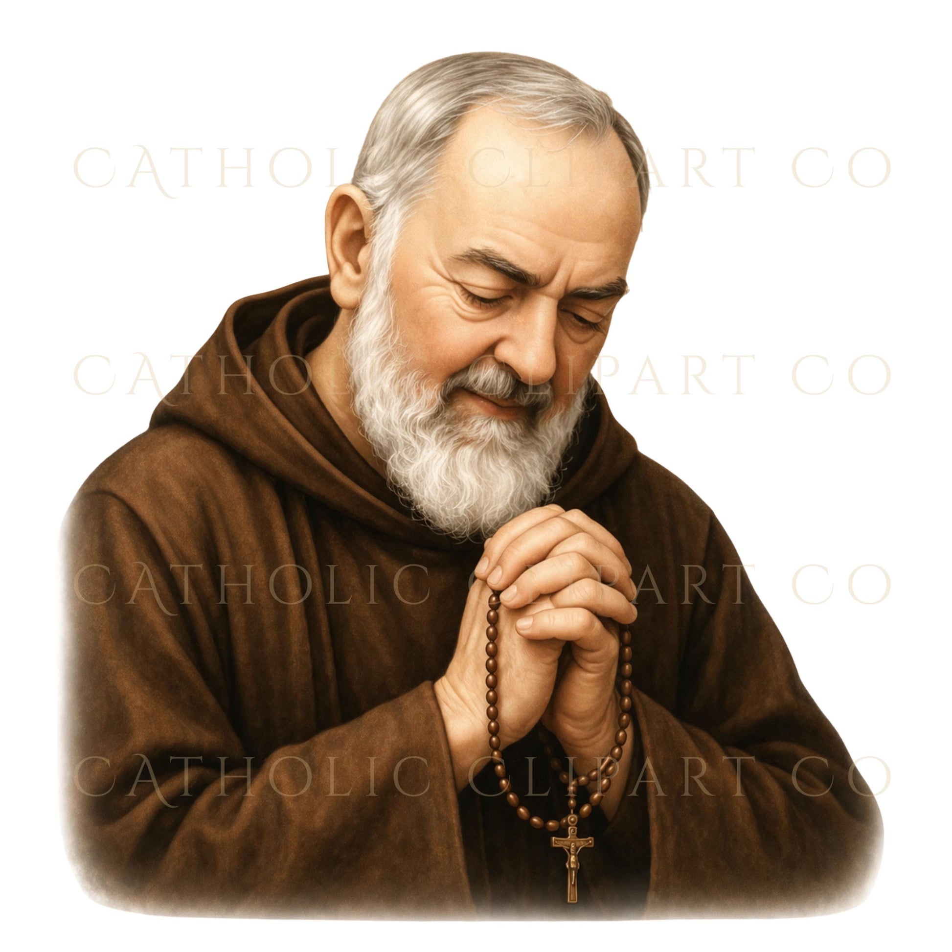Close portrait of Saint Padre Pio watercolor religious clipart PNG, Retrato de San Padre Pío clipart religioso acuarela PNG