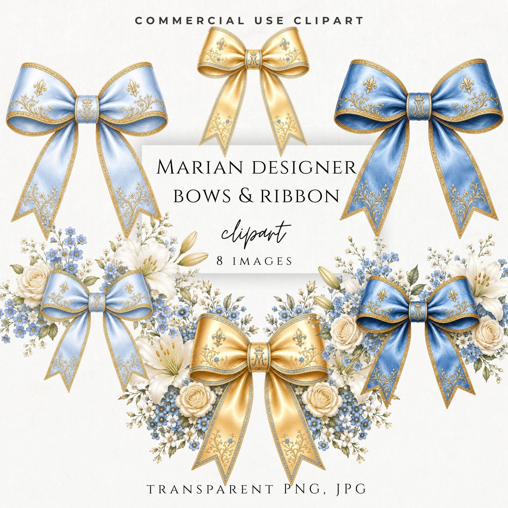 Luxury blue and gold bow clipart with floral accents PNG, Elegant vintage ribbon graphic for wedding invitations, Clipart de moño azul y dorado elegante con flores para invitaciones de boda