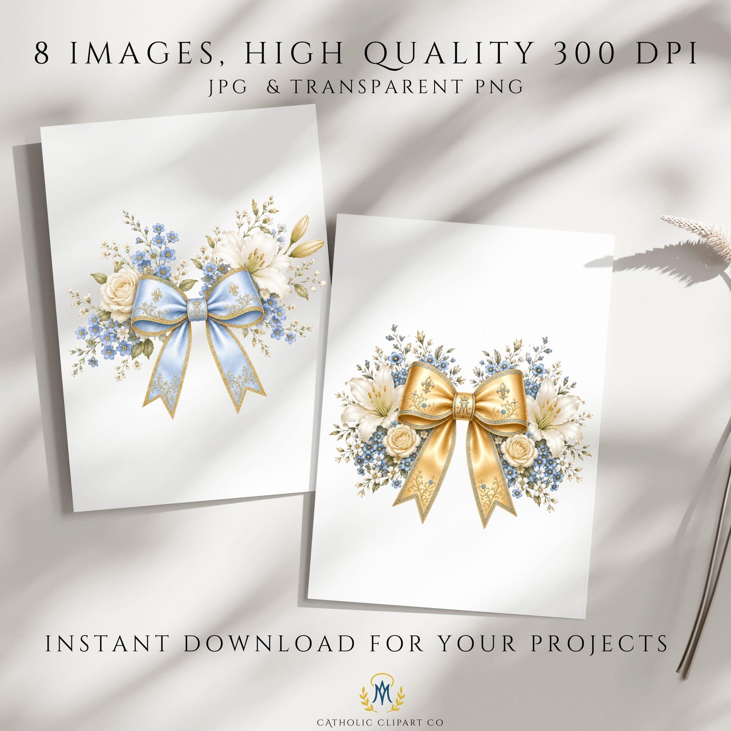 Blue ribbon bow clipart with lilies and roses, Luxury floral wedding PNG for stationery and branding, Moño azul con lirios y rosas clipart elegante para papelería y branding