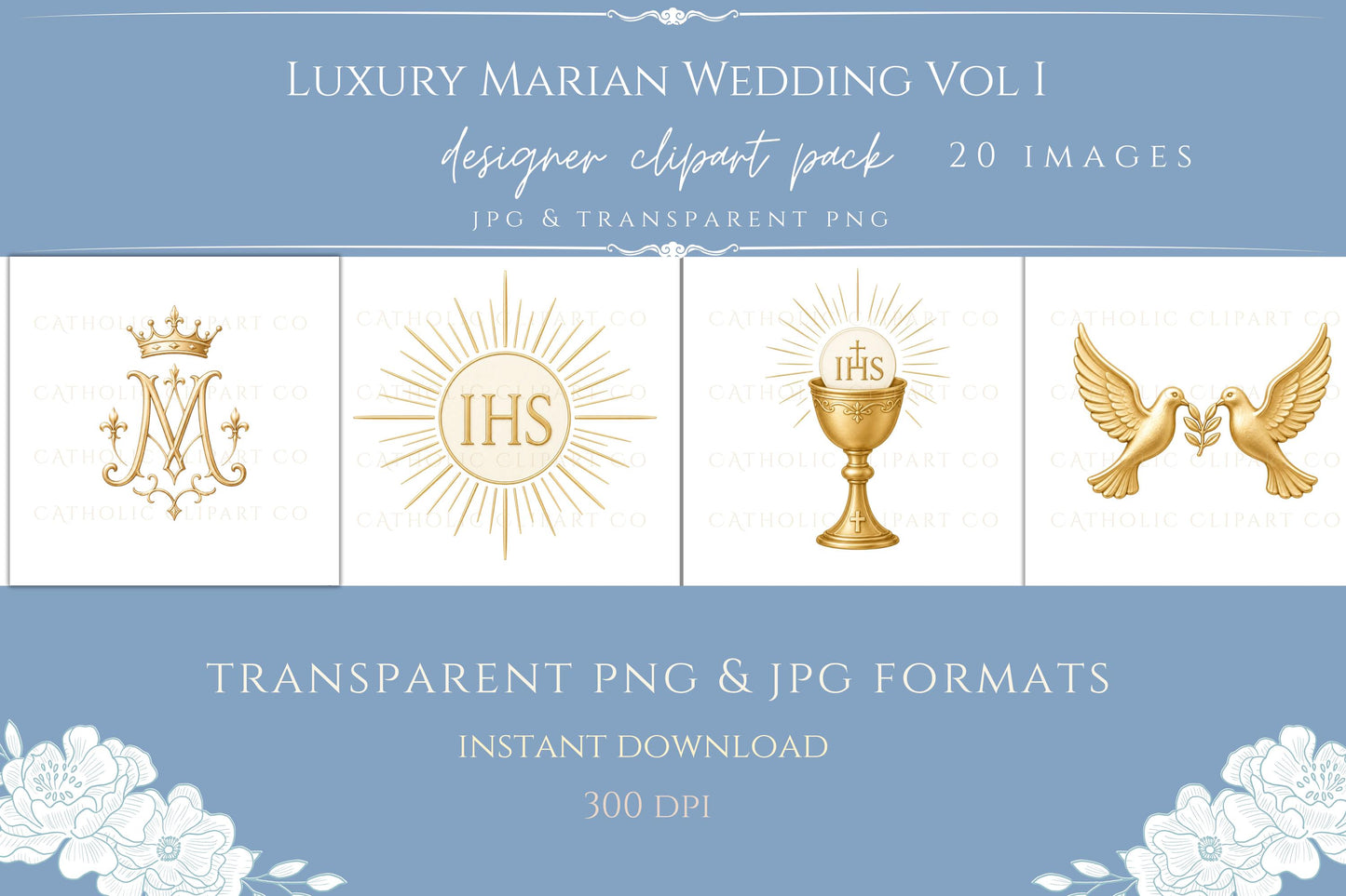 Luxury Catholic Sacred Heart clipart with gold rays, floral arrangement, and Marian blue ribbon illustration. | Clipart de lujo del Sagrado Corazón católico con rayos dorados, arreglo floral y cinta azul mariana.