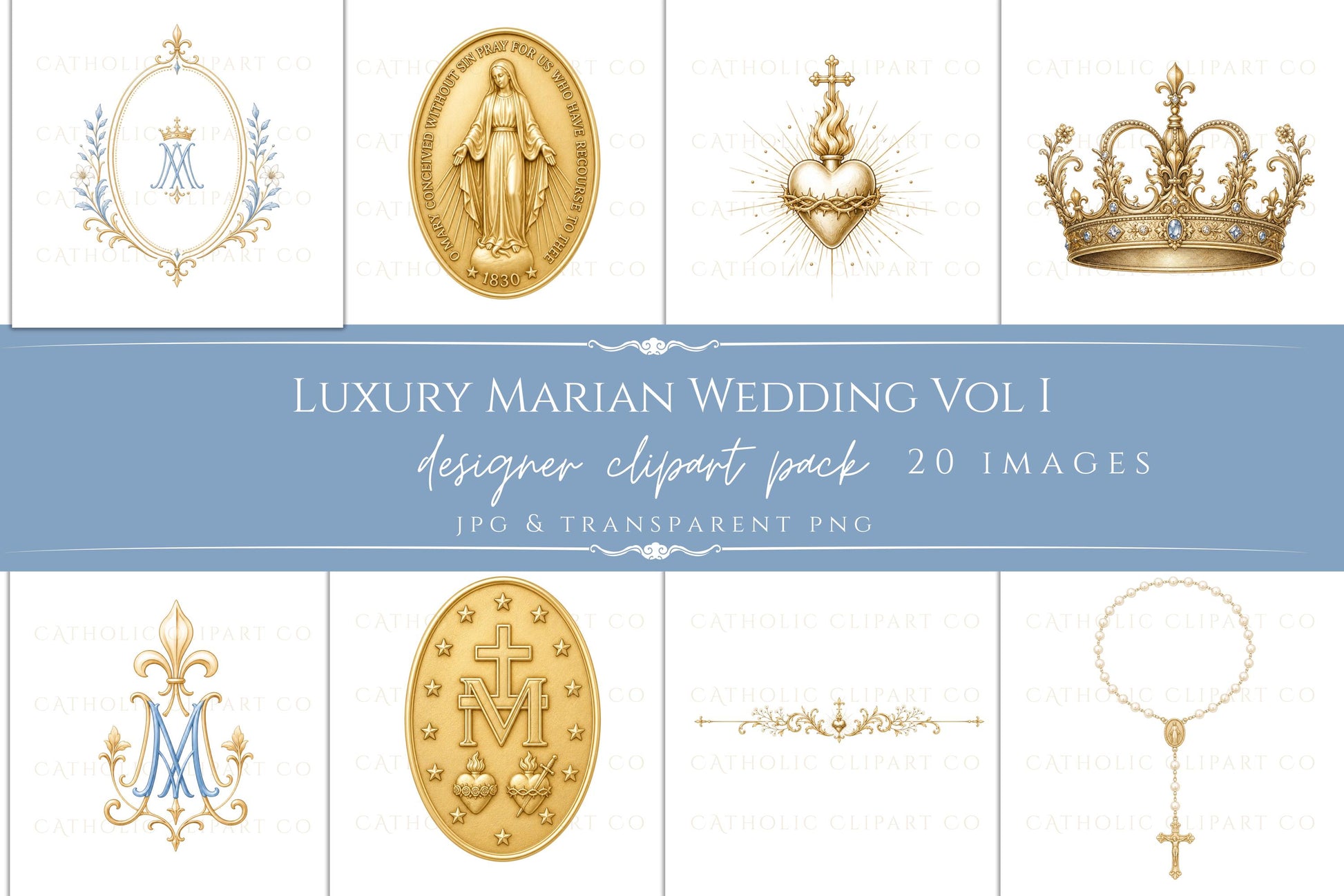 Elegant Marian monogram clipart with crown, gold frame, lilies, and soft blue Catholic wedding aesthetic. | Elegante clipart de monograma mariano con corona, marco dorado, lirios y estética de boda católica en azul suave.