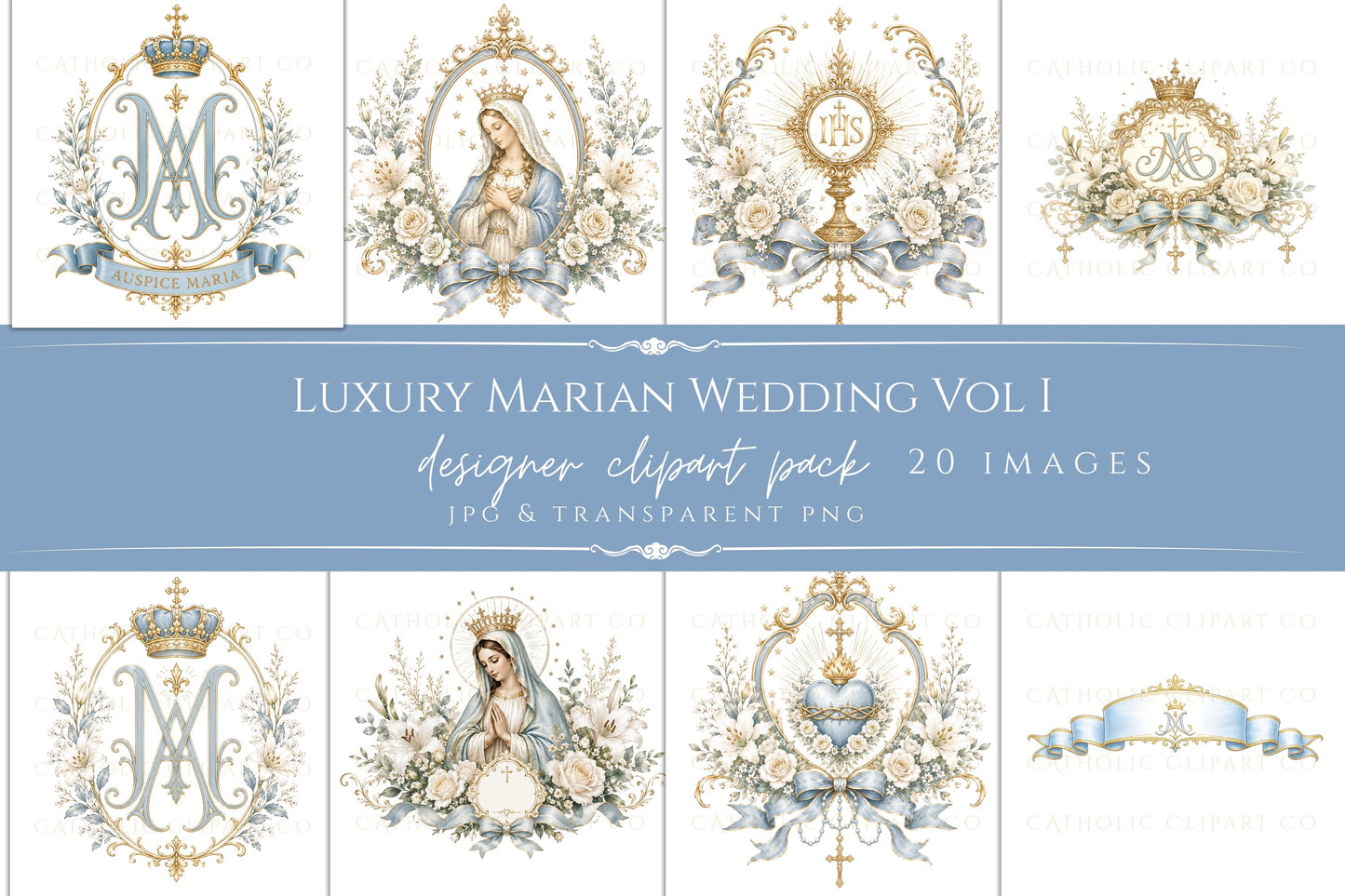 Catholic wedding graphics bundle featuring Marian monogram frames, luxury floral crests, and elegant blue gold Catholic clipart for commercial use. | Paquete de gráficos de boda católica con marcos de monogramas marianos, escudos florales de lujo y elegante clipart católico azul y dorado para uso comercial.