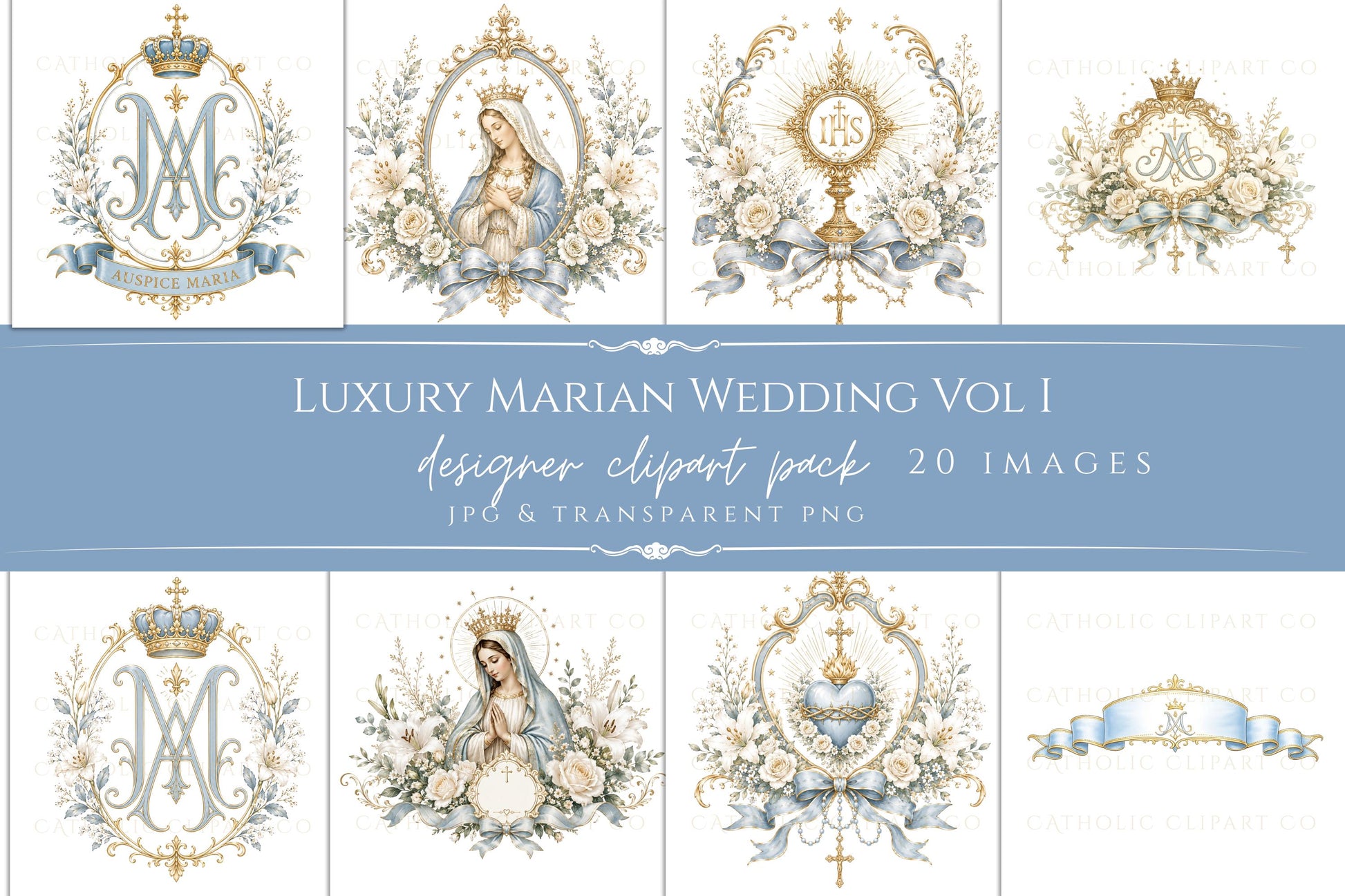 Catholic wedding graphics bundle featuring Marian monogram frames, luxury floral crests, and elegant blue gold Catholic clipart for commercial use. | Paquete de gráficos de boda católica con marcos de monogramas marianos, escudos florales de lujo y elegante clipart católico azul y dorado para uso comercial.