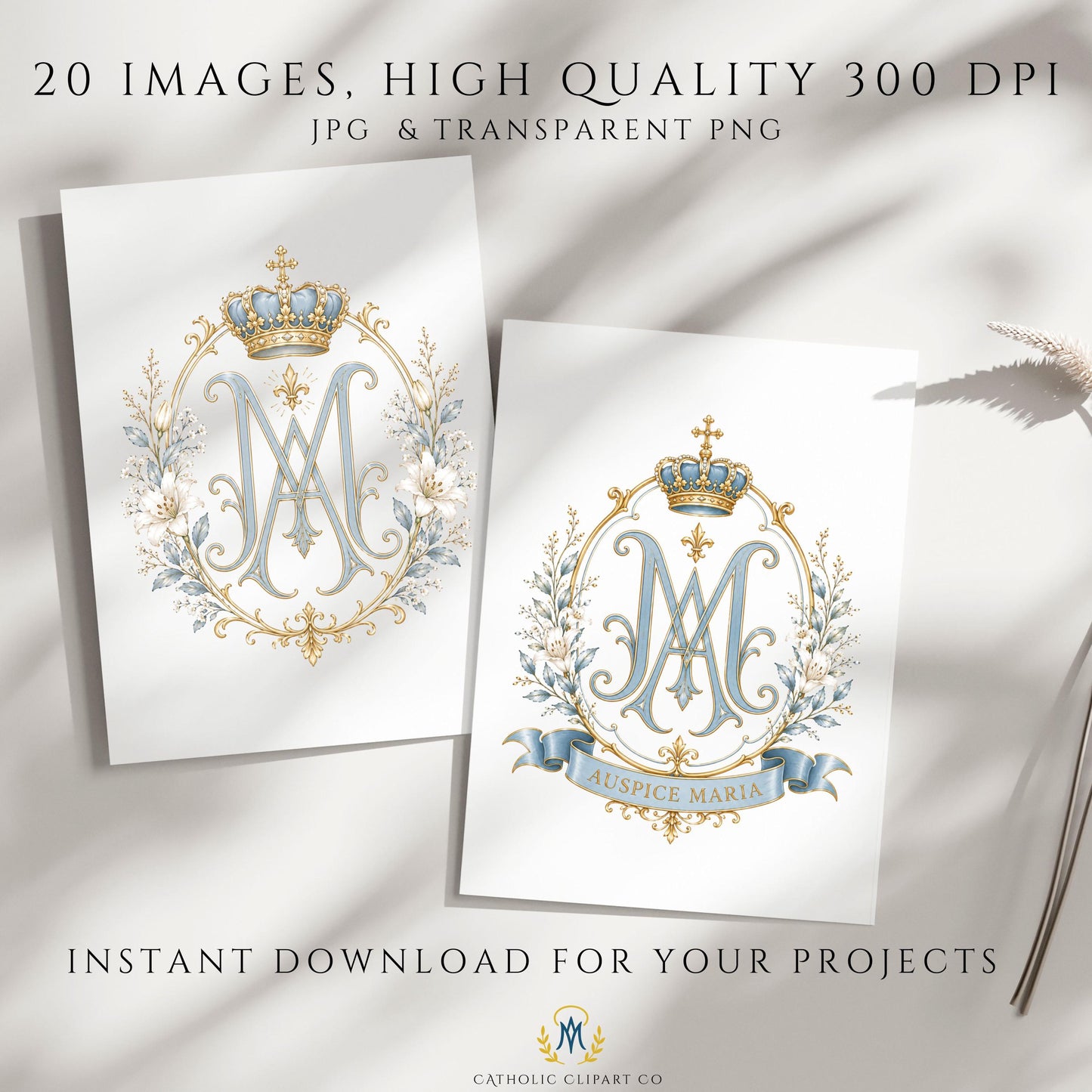 Catholic Marian emblem with fleur de lis, blue monogram, and ornate gold decorative frame. | Emblema mariano católico con flor de lis, monograma azul y marco decorativo dorado ornamentado.