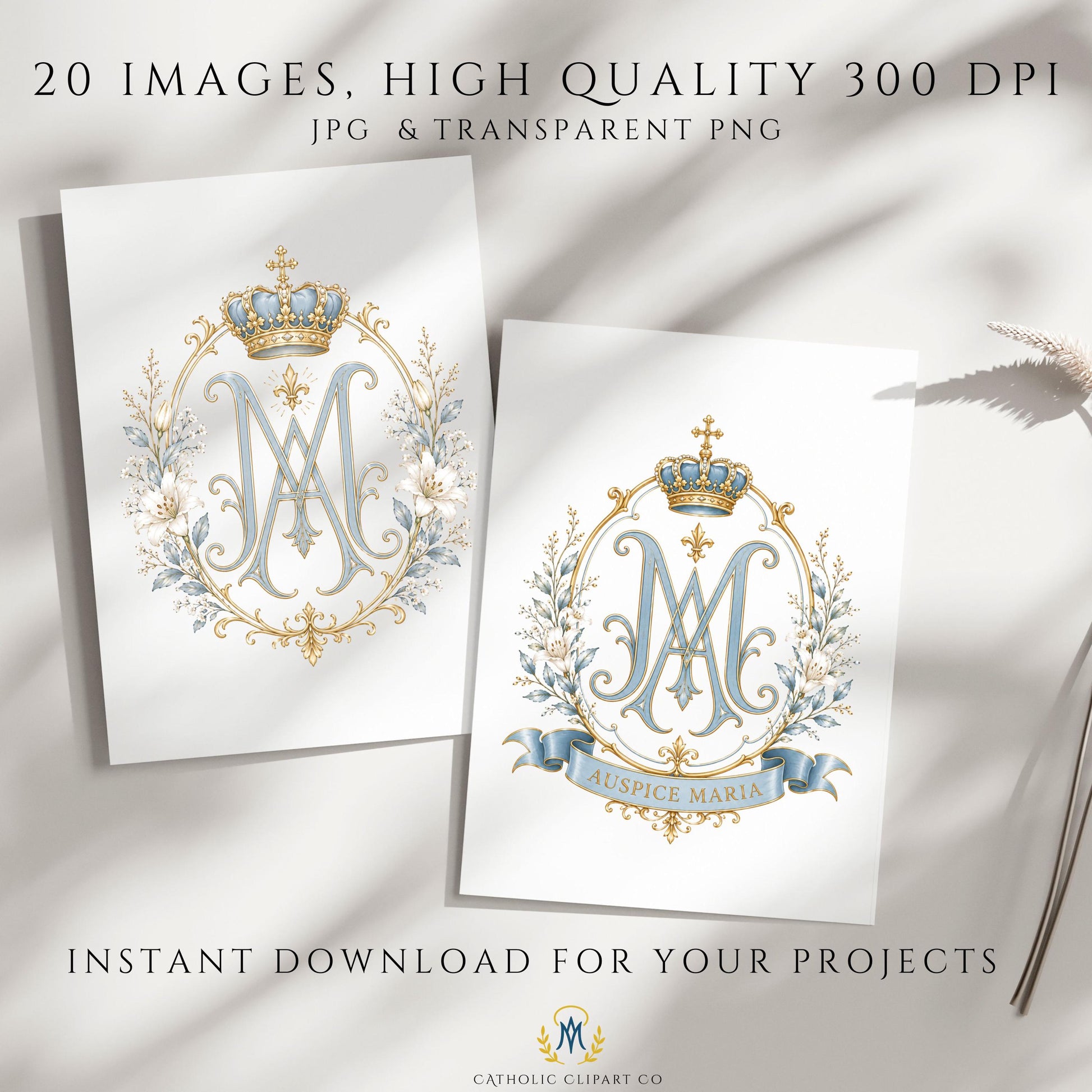 Catholic Marian emblem with fleur de lis, blue monogram, and ornate gold decorative frame. | Emblema mariano católico con flor de lis, monograma azul y marco decorativo dorado ornamentado.