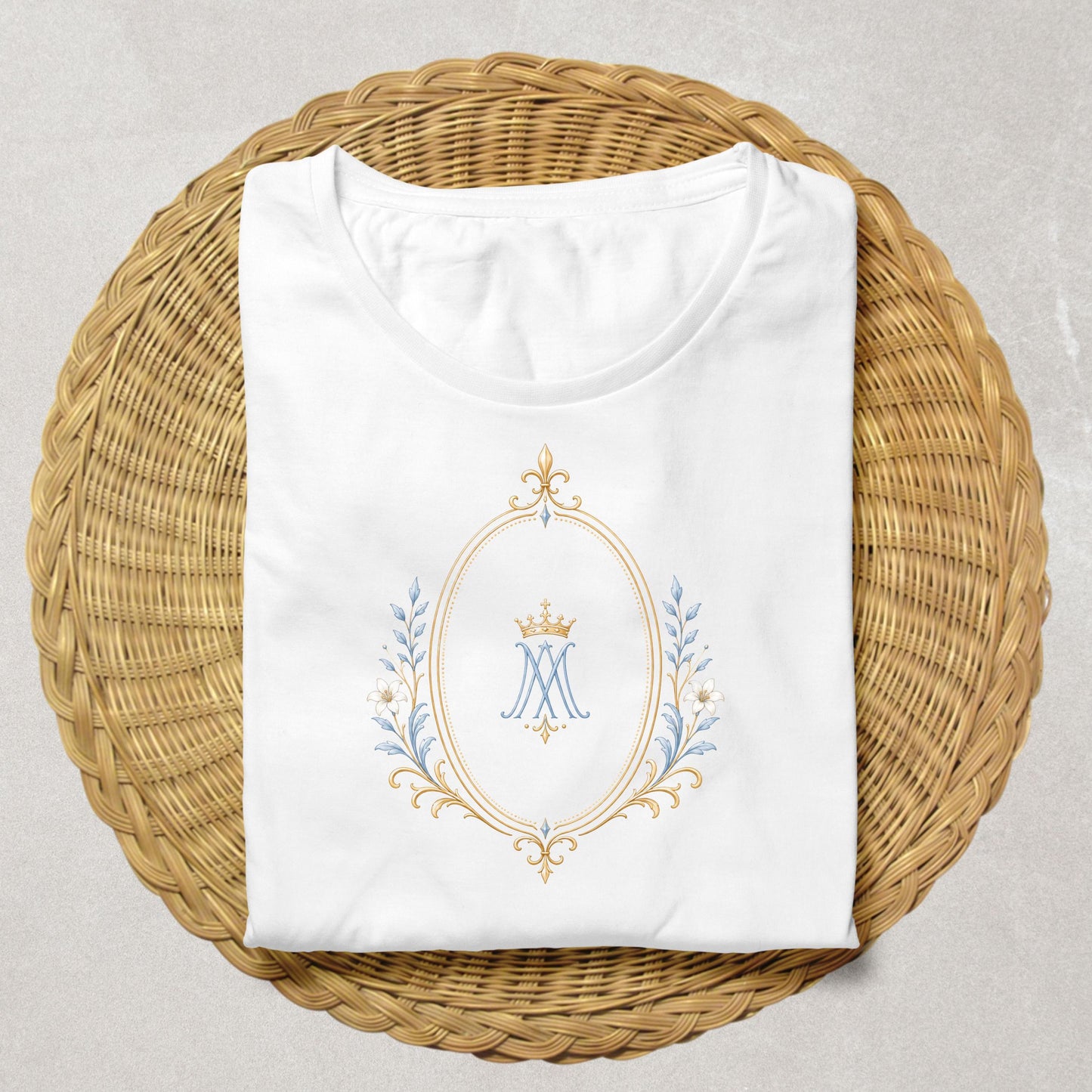 Luxury Marian floral frame clipart with blue ribbon accents and ornate Catholic wedding details. | Clipart de marco floral mariano de lujo con detalles de cintas azules y ornamentación de boda católica.