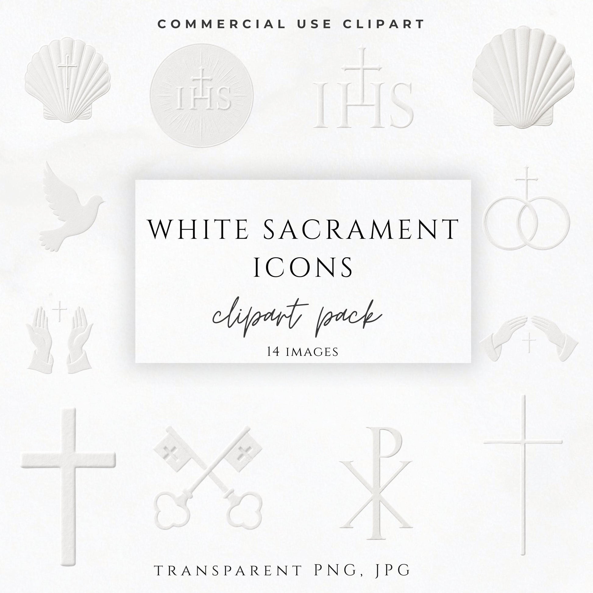 White embossed Catholic sacrament icons clipart bundle with Christian religious symbols on soft ivory background / Paquete de clipart de iconos sacramentales católicos blancos con símbolos religiosos cristianos