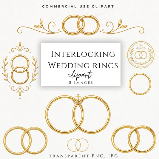 Gold interlocking wedding rings clipart with elegant flourish accents on white background / Clipart de anillos de boda dorados entrelazados con detalles elegantes sobre fondo blanco