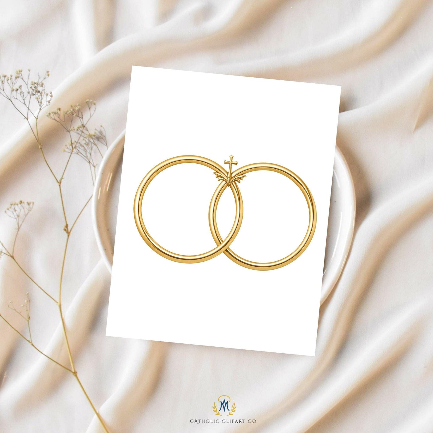 Gold wedding crest emblem with interlocking rings and Christian wedding design / Emblema dorado de boda con anillos entrelazados y diseño cristiano elegante