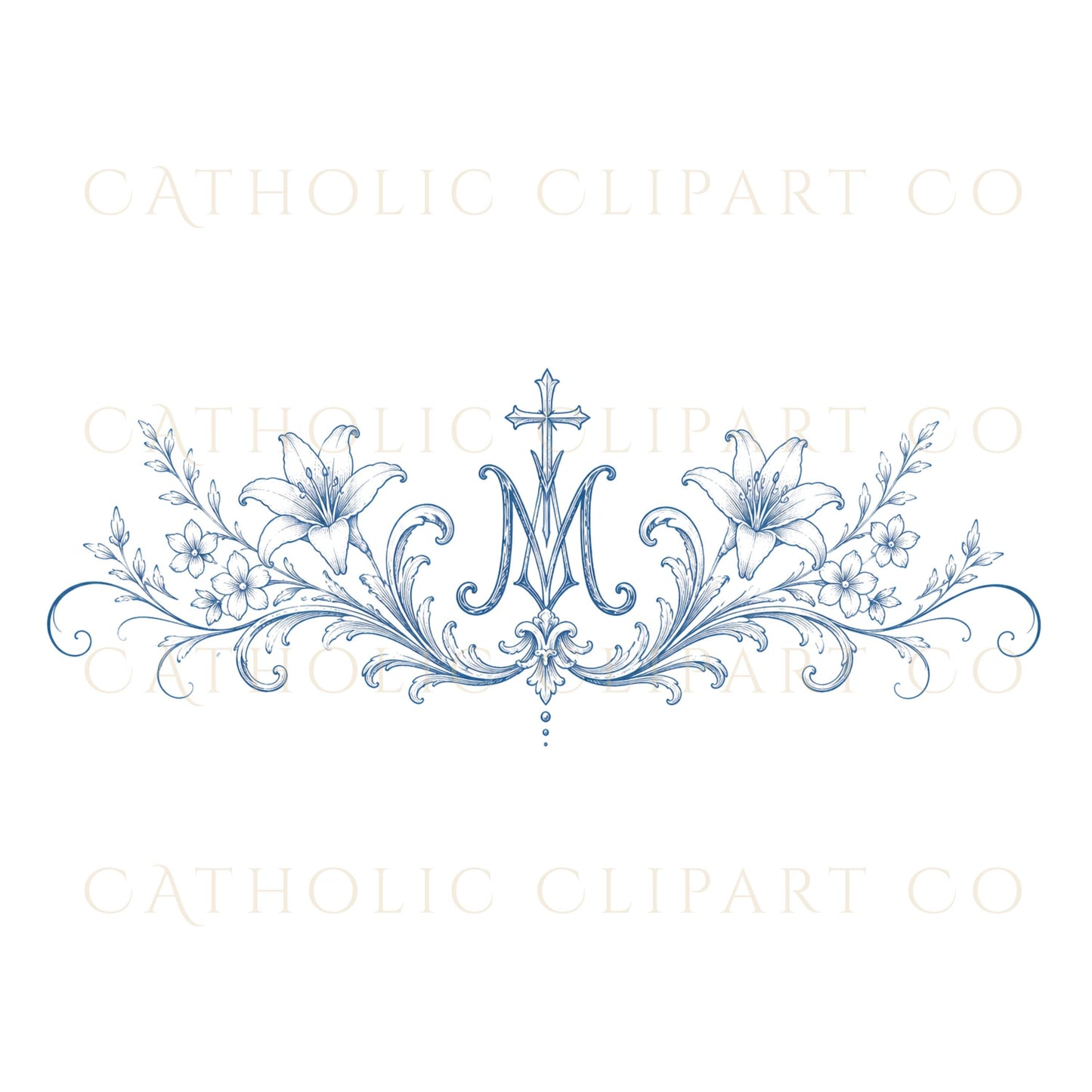 Blue Catholic wedding emblem with ornate floral scrollwork / Emblema de boda católica azul con ornamentación floral elegante