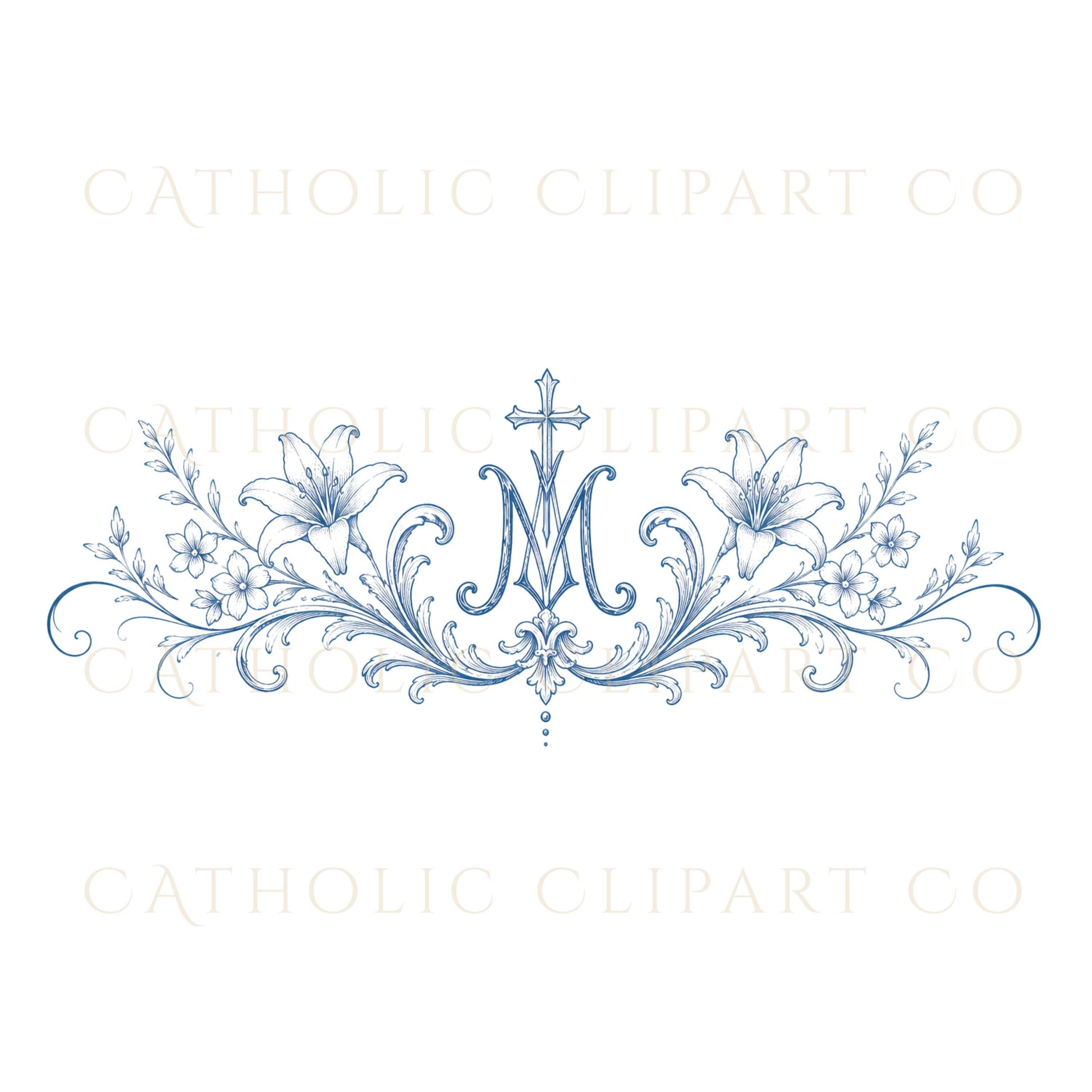 Blue Catholic wedding emblem with ornate floral scrollwork / Emblema de boda católica azul con ornamentación floral elegante