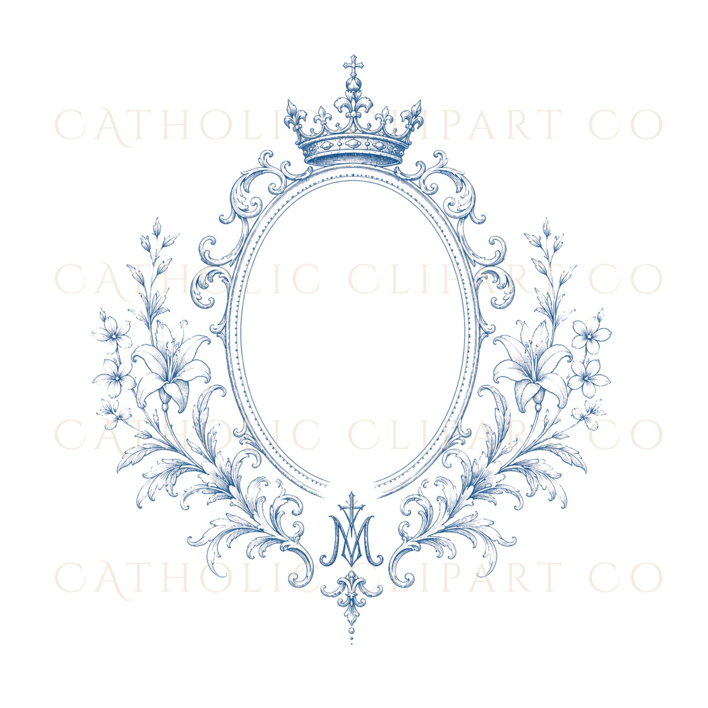 Vintage Catholic floral clipart frame in soft Marian blue / Marco floral católico vintage en suave azul mariano